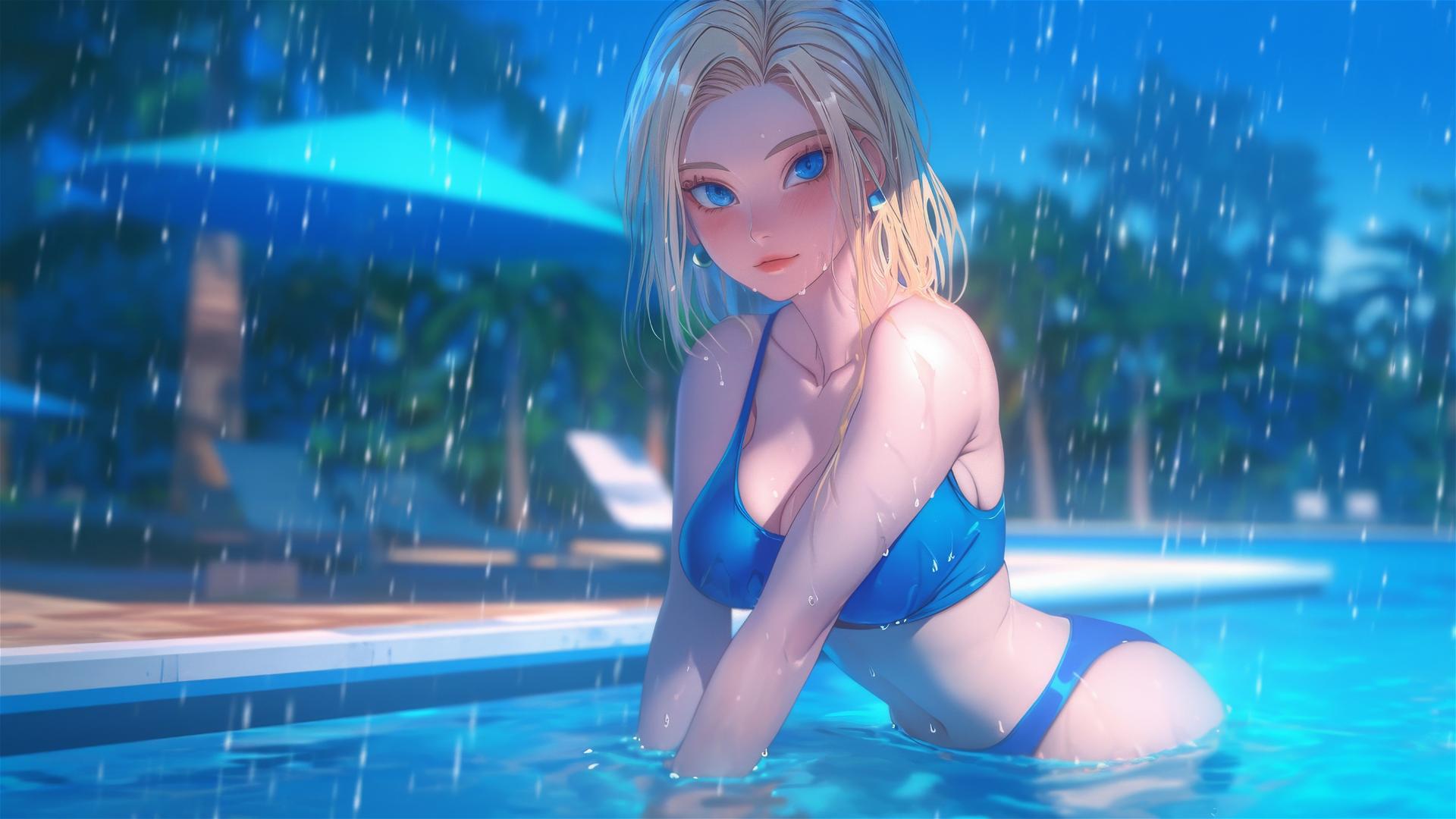 Android 18 resting by a rainy swimming pool