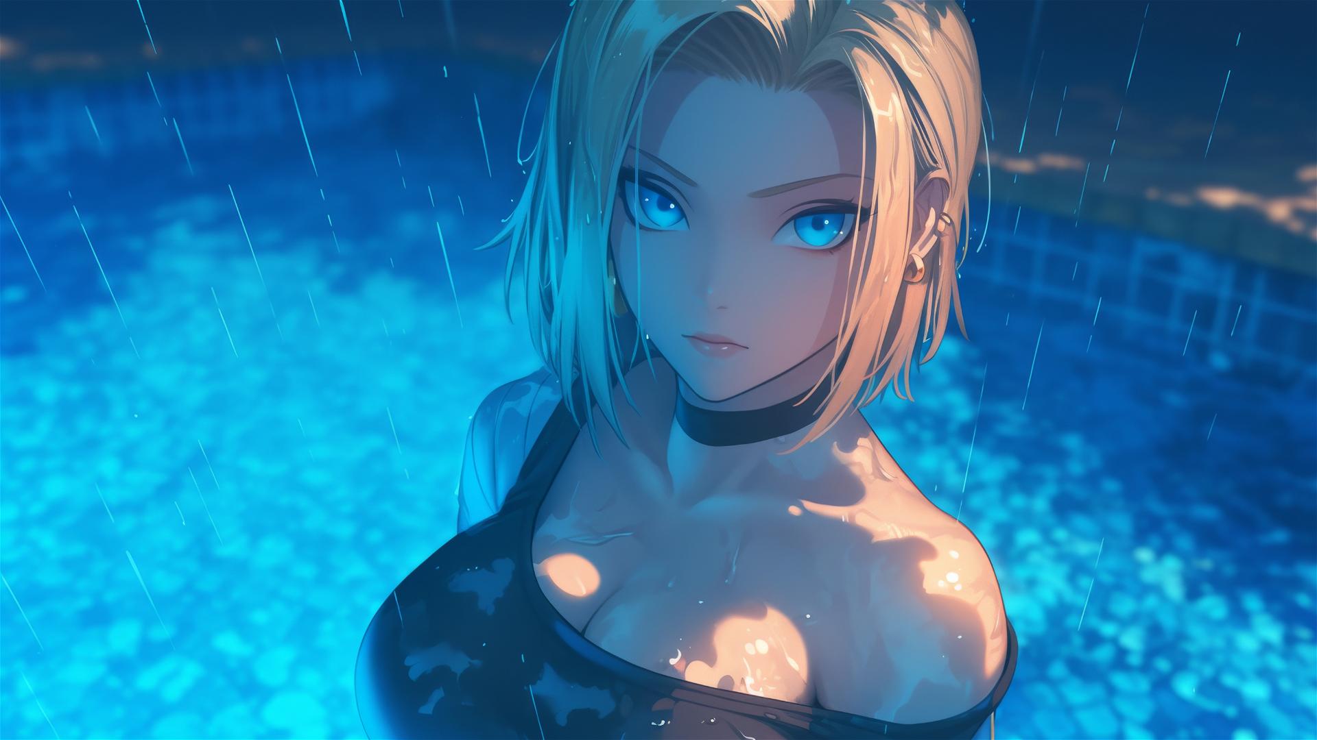 Dragon Ball Android 18 resting by a rainy pool