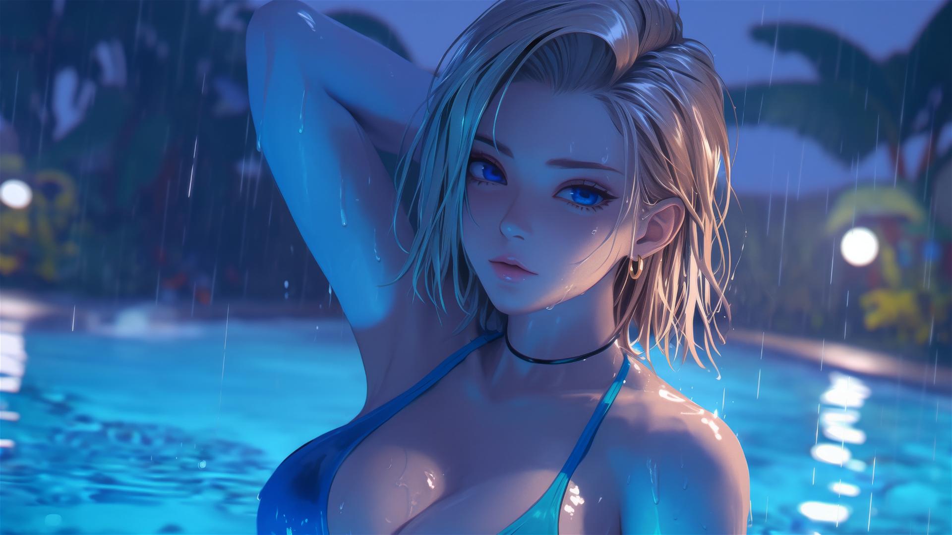 Android 18 from Dragon Ball resting by a rainy swimming pool