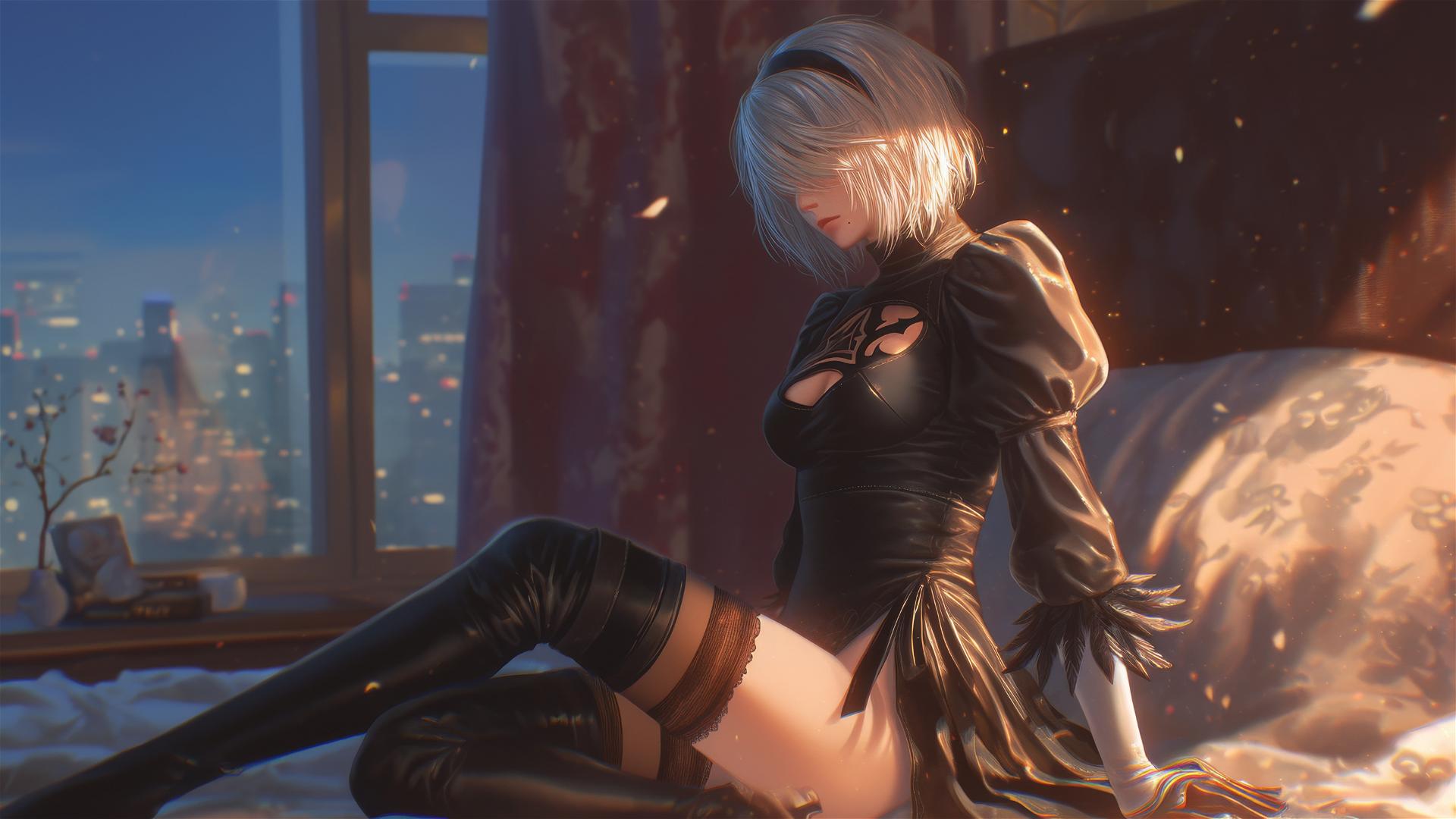 2B from Nier in modern hotel room with moonlight casting glow