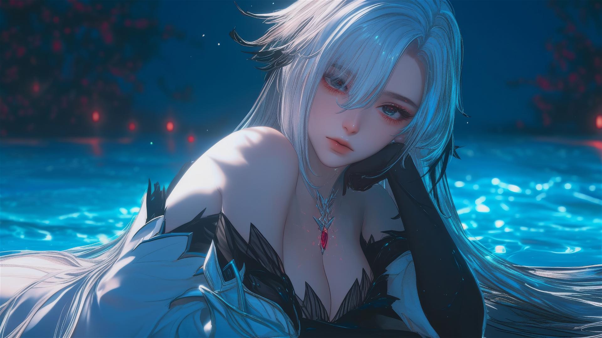 Arlecchino from Genshin Impact with snow white hair and black streaks, red x-shaped pupils, at the swimming pool under moonlight.