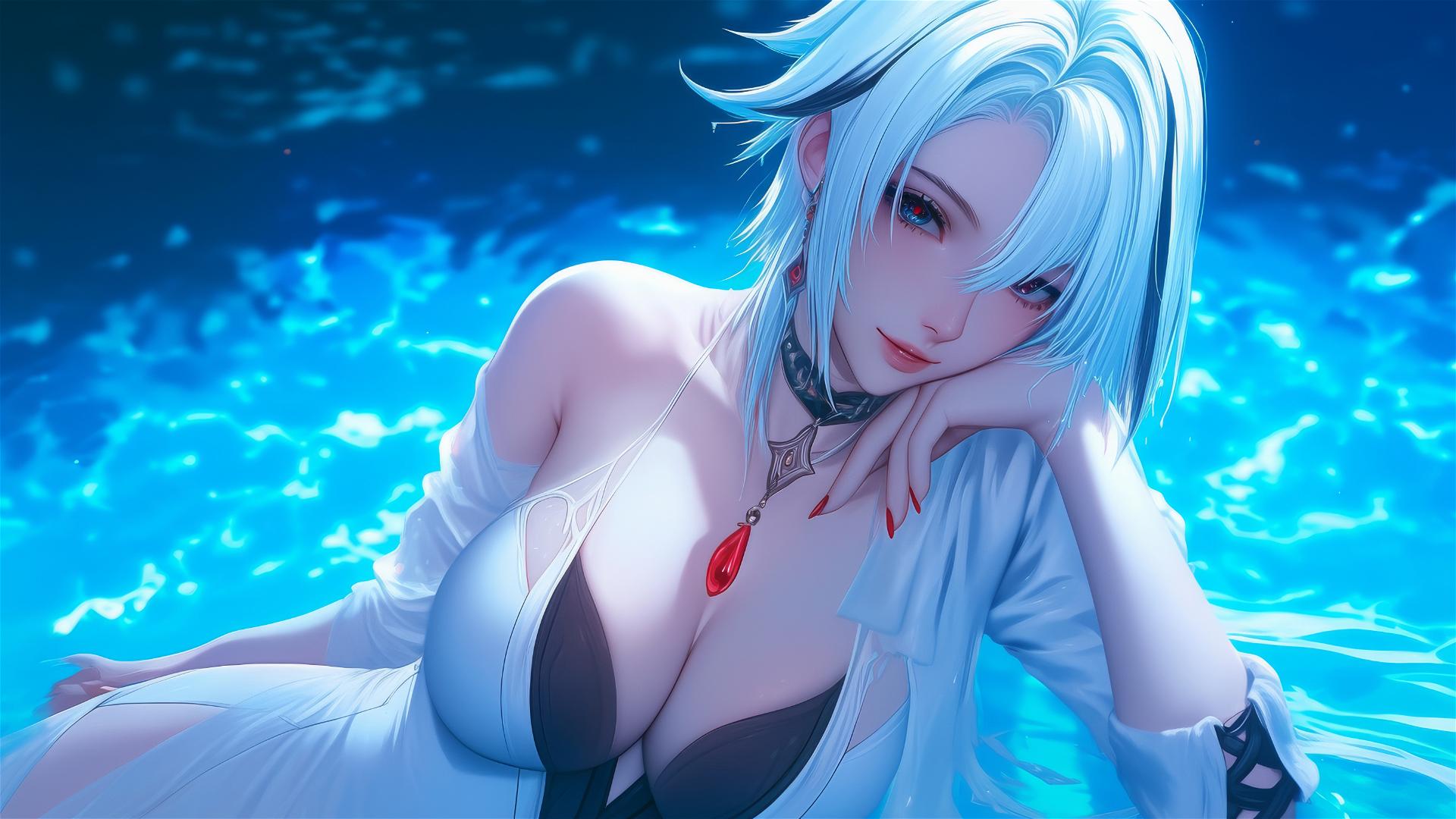 Arlecchino with snow white hair, black streaks, resting by a pool under moonlight.