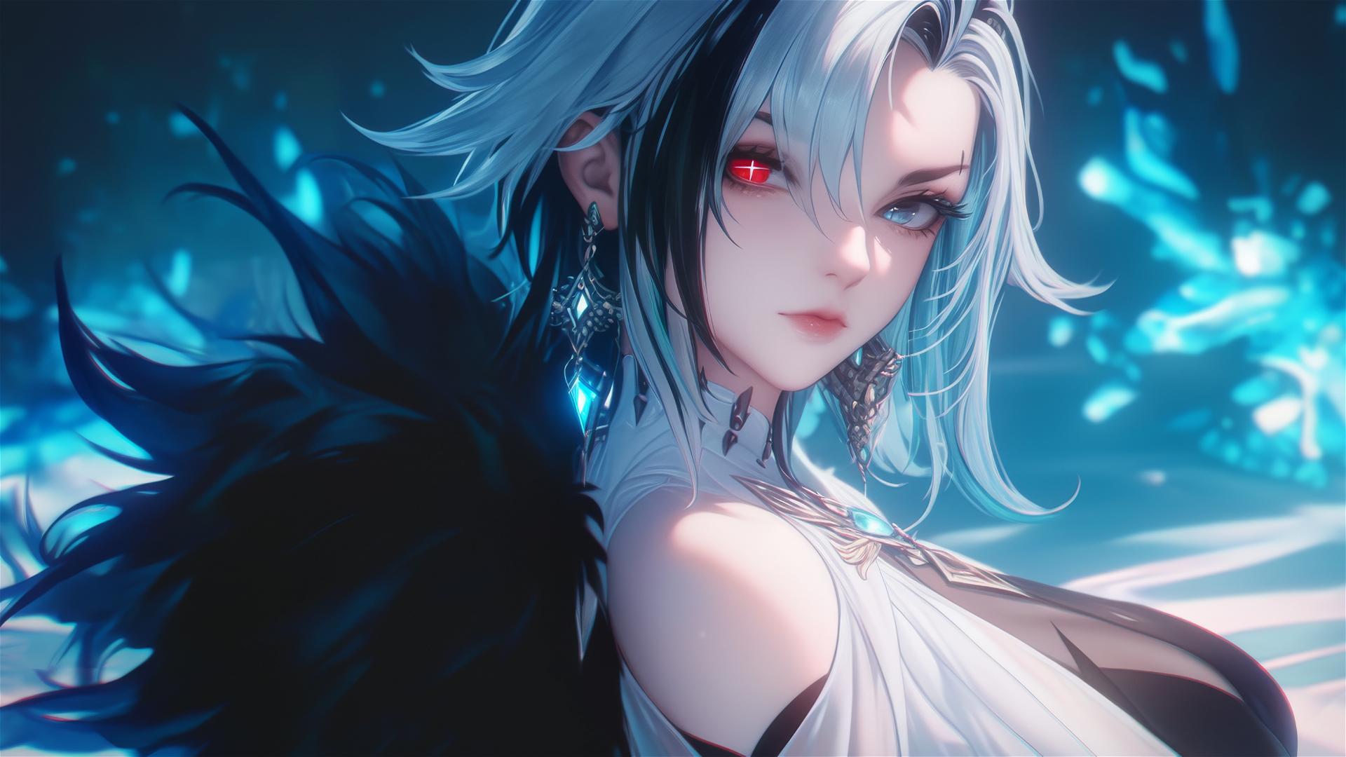 Arlecchino from Genshin Impact with snow white hair and black streaks, resting by a moonlit pool.