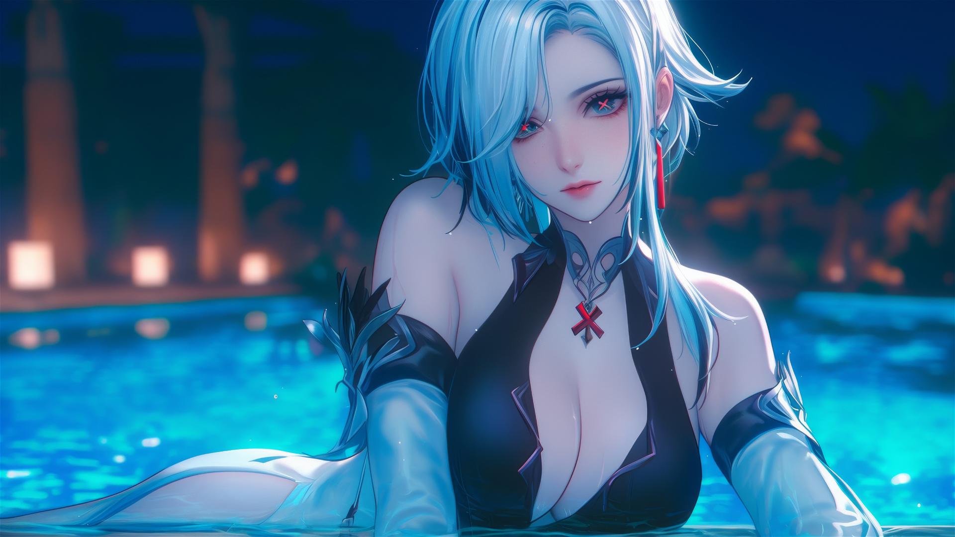 Arlecchino from Genshin Impact with snow white hair and black streaks sitting by a pool in moonlight
