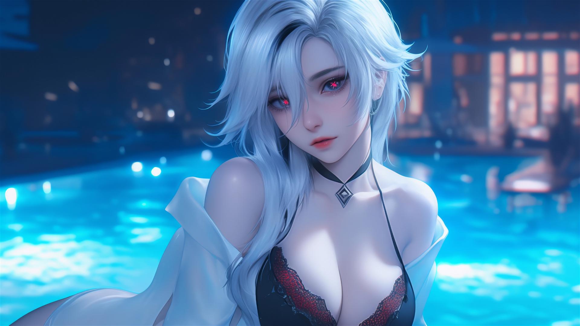 Arlecchino from Genshin Impact with snow white hair and black streaks, resting by a pool under moonlight