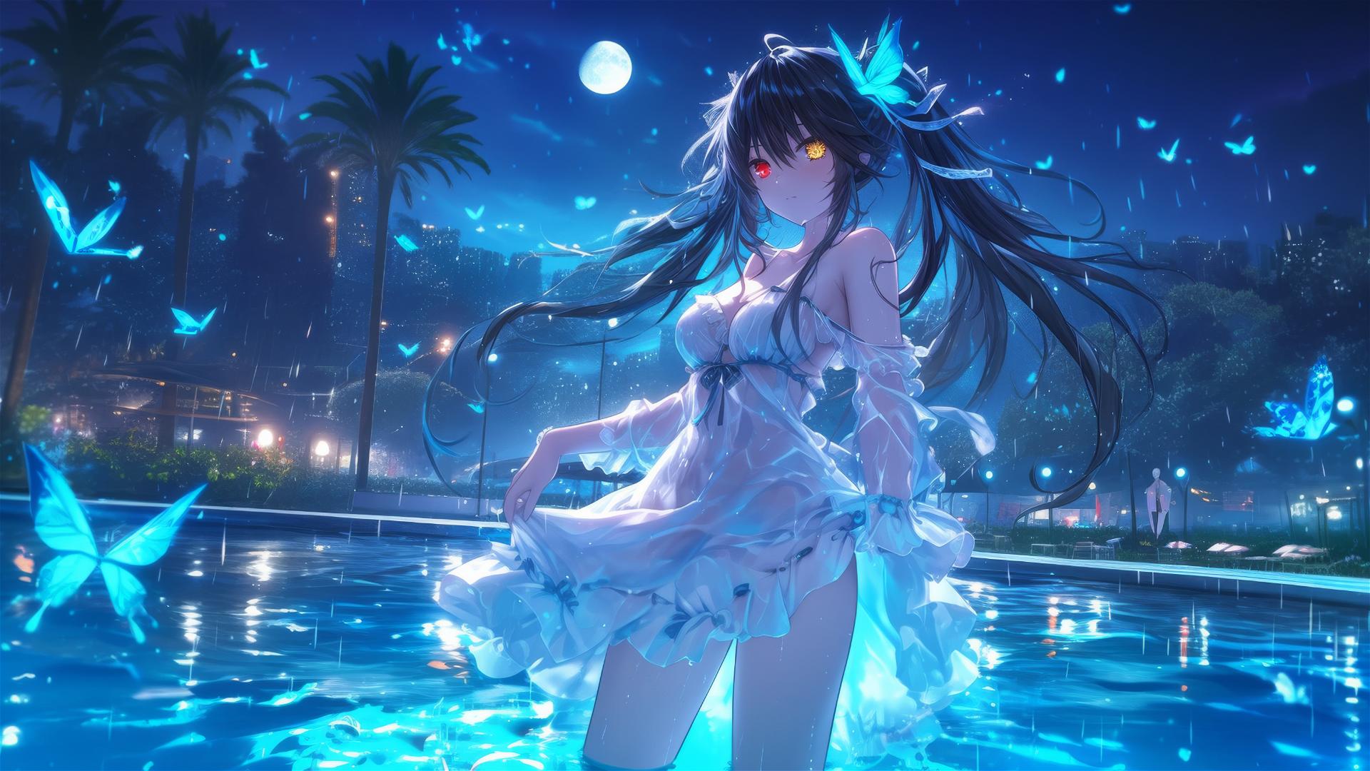 Kurumi Tokisaki from Date A Live in a rainy swimming pool with moonlight, wearing white dress