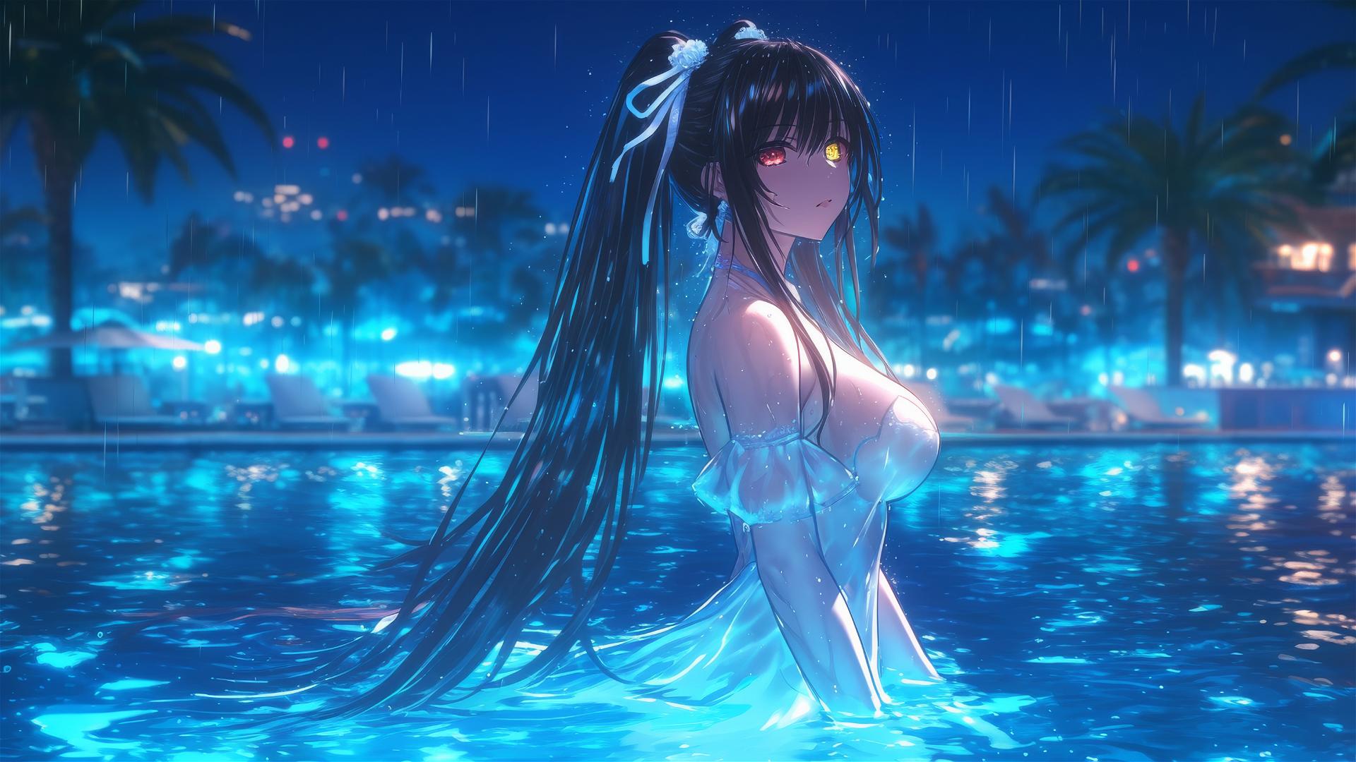 Kurumi Tokisaki standing in a rainy swimming pool under moonlight, dressed in white, with one red and one yellow eye.