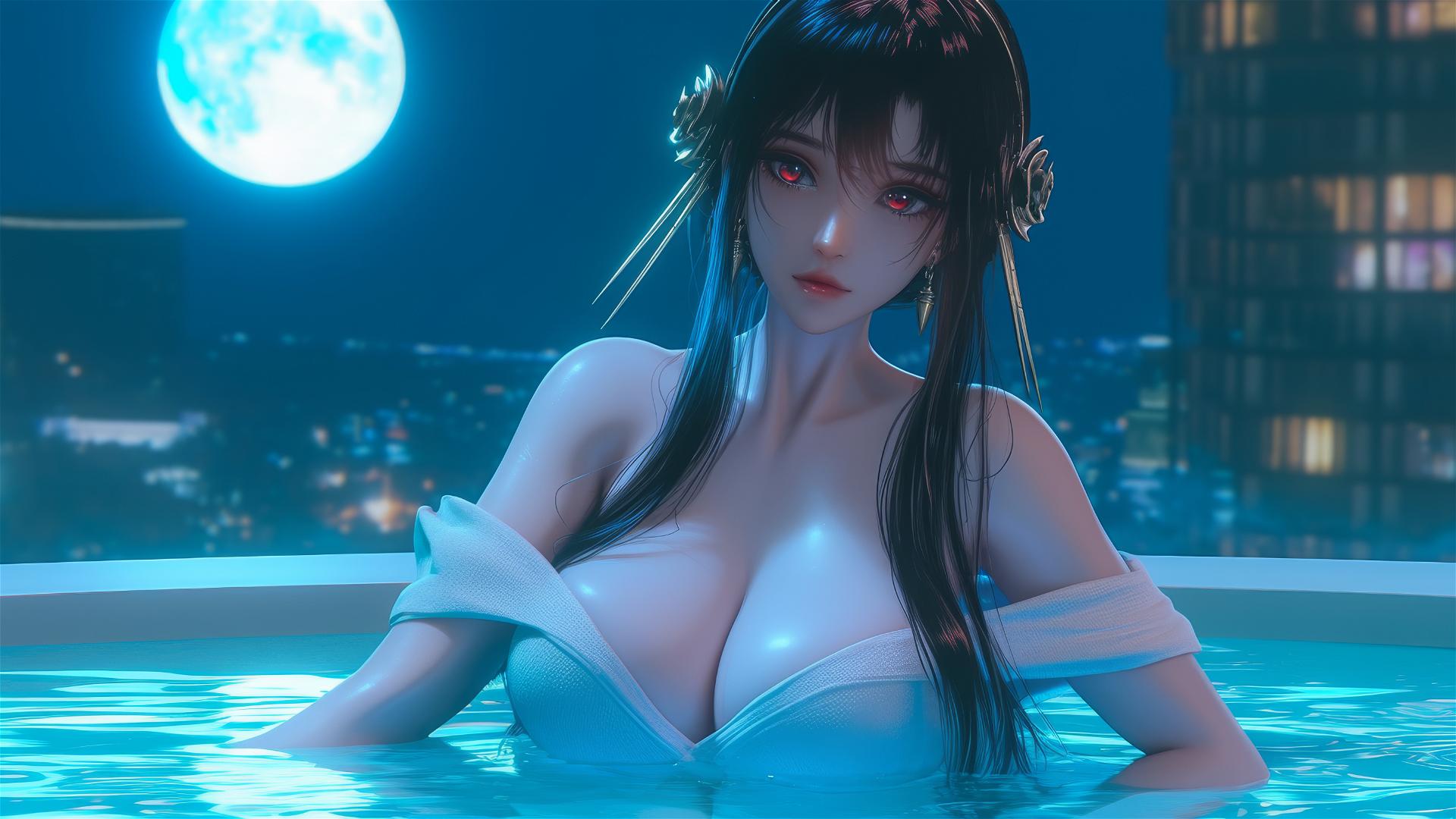 Yor Forger resting in a tub with moonlight glow