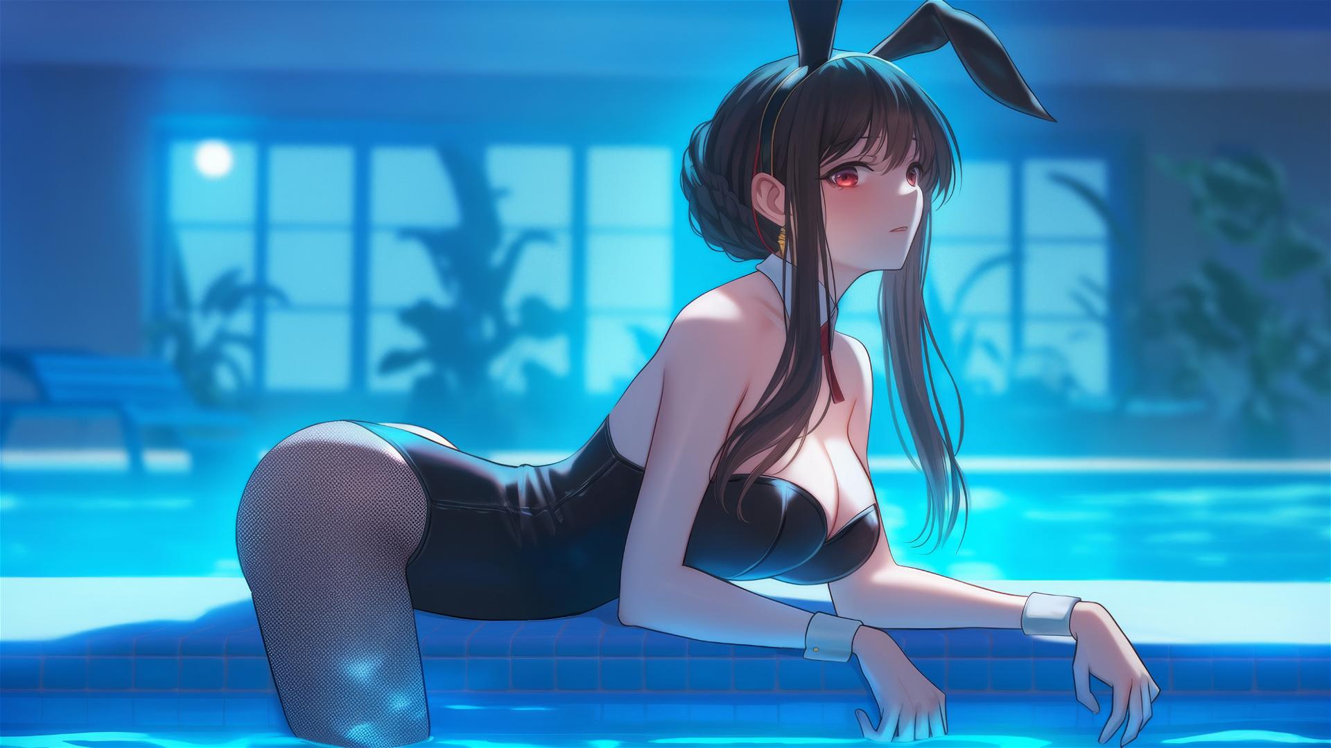Yor Forger as bunny girl resting by pool under moonlight