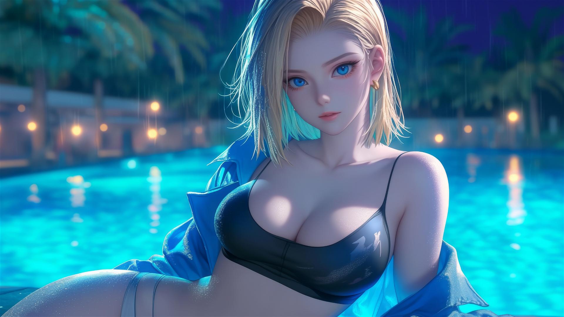 Android 18 from Dragon Ball relaxing by a rainy swimming pool, moonlight glow.