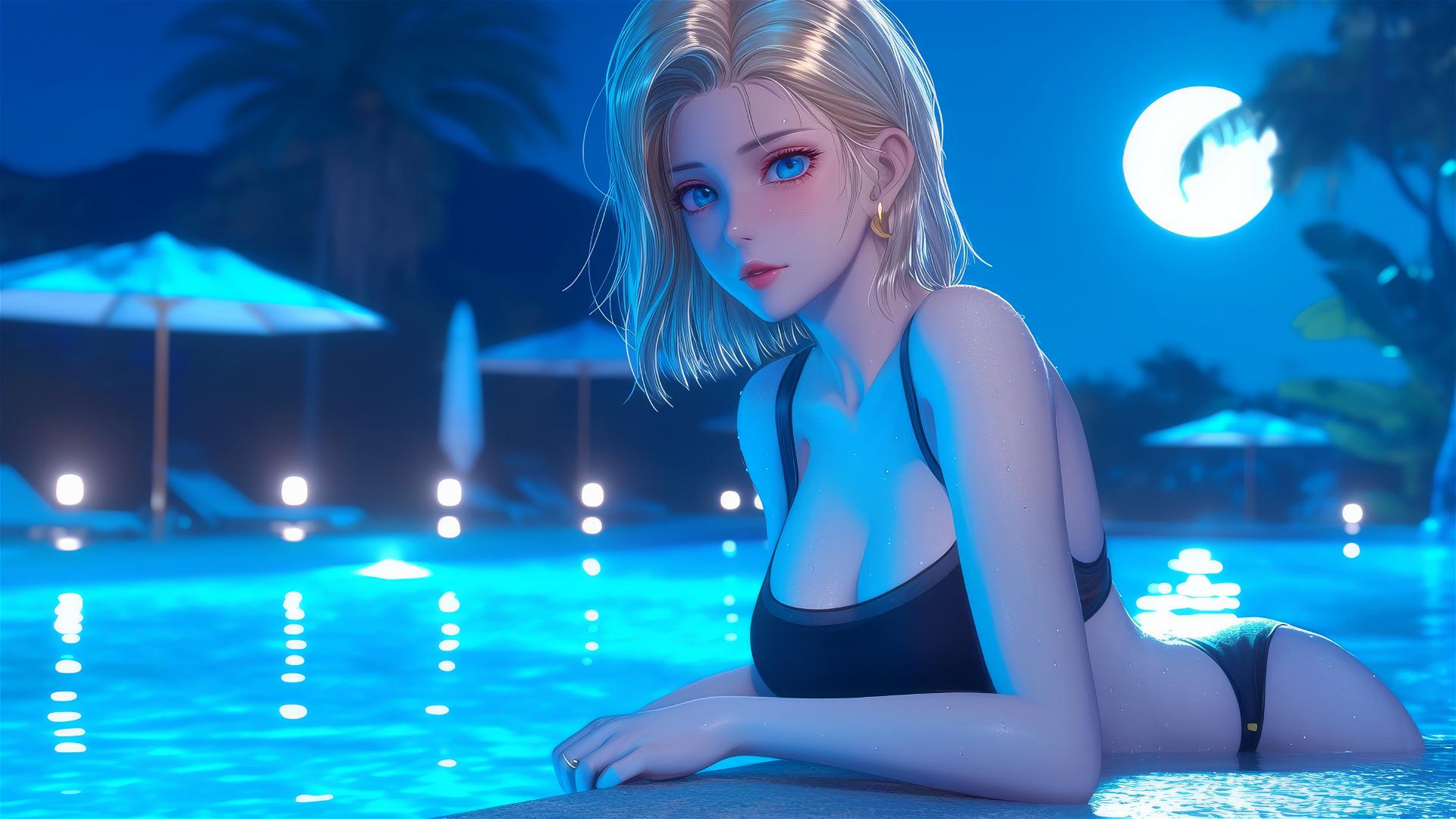 Android 18 resting by a pool under moonlight in rain