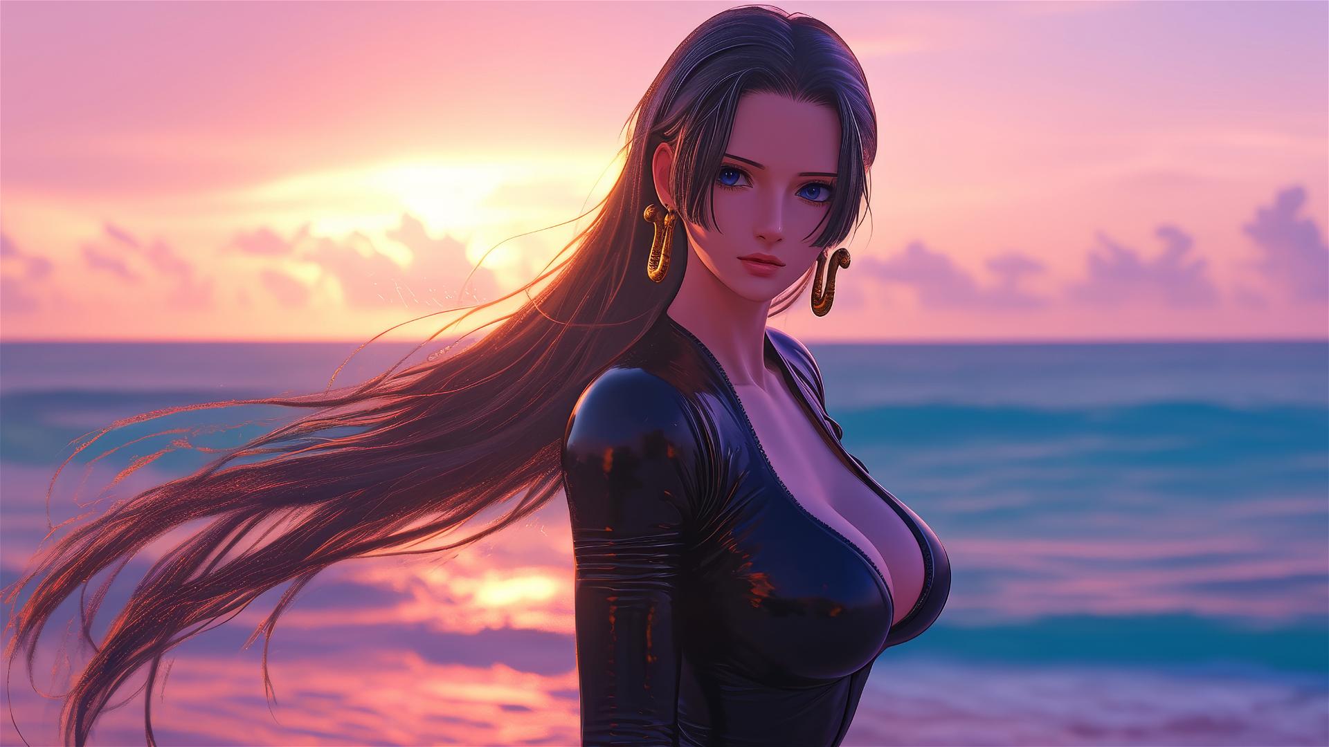 Boa Hancock from One Piece striding confidently across a sunset beach in a black and pink leather outfit.