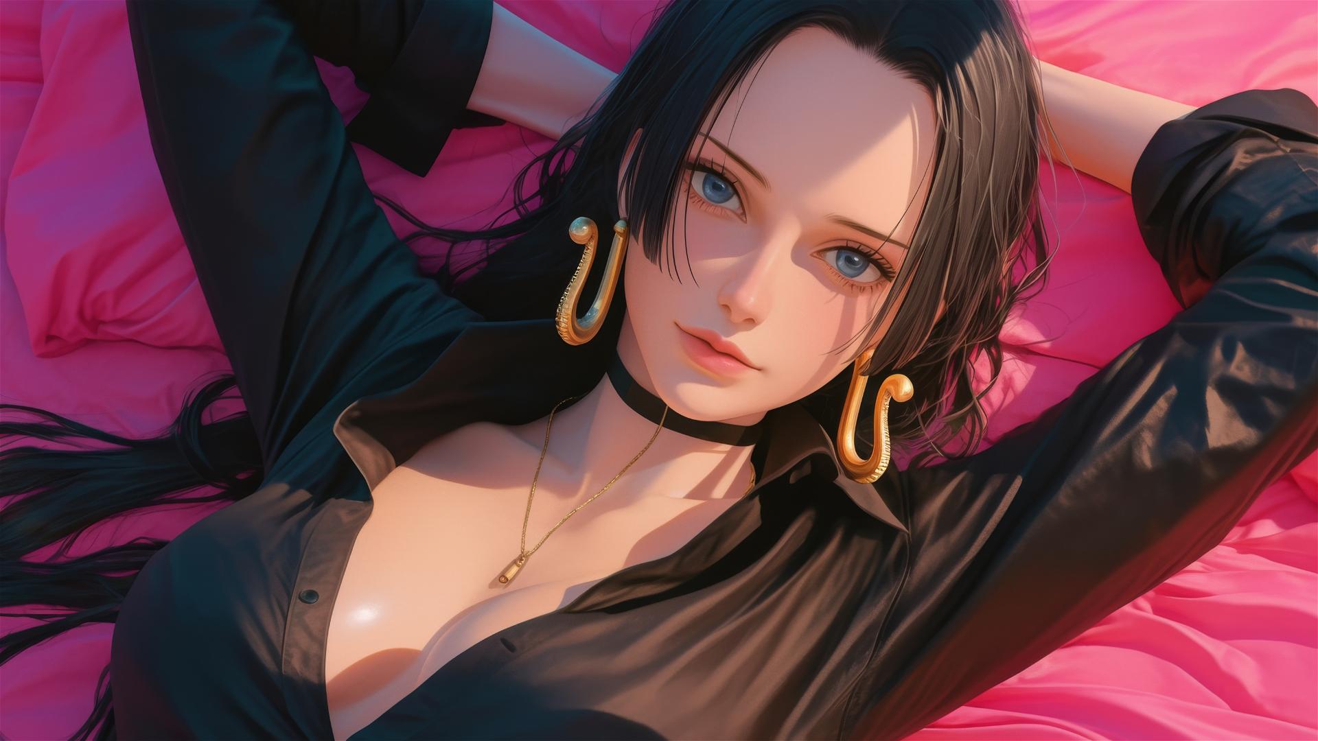 Boa Hancock from One Piece in bed, wearing black and pink leather, neon colors, pink background.