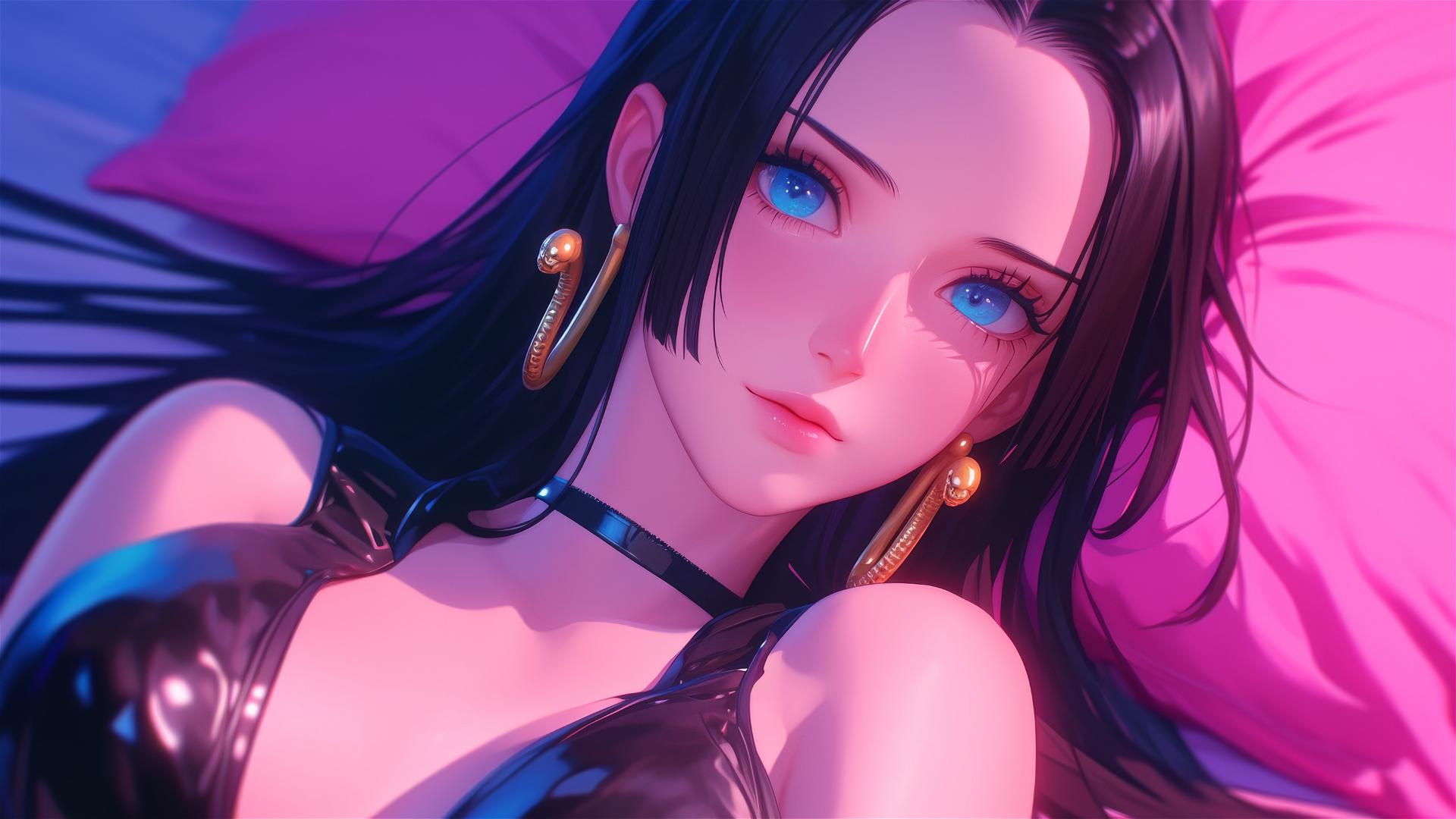 High angle view of Boa Hancock in bed with vivid neon colors