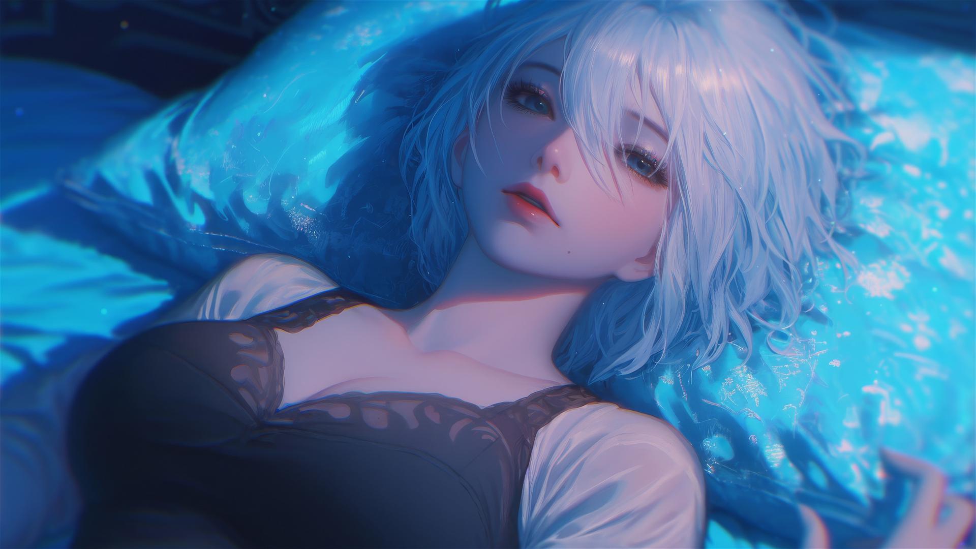High angle view of 2B from Nier in bed, relaxed posture, short hair.