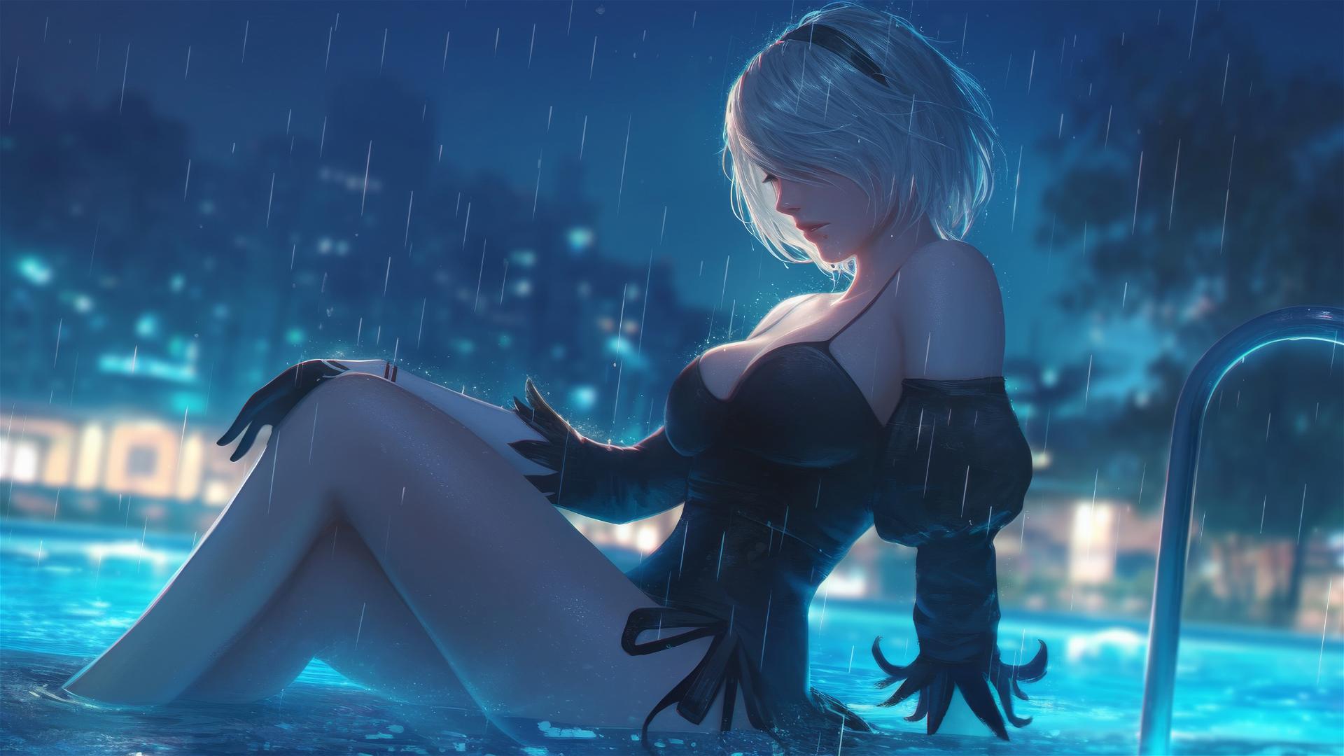 2B from Nier in casual attire, sitting by a rainy pool with moonlight glow