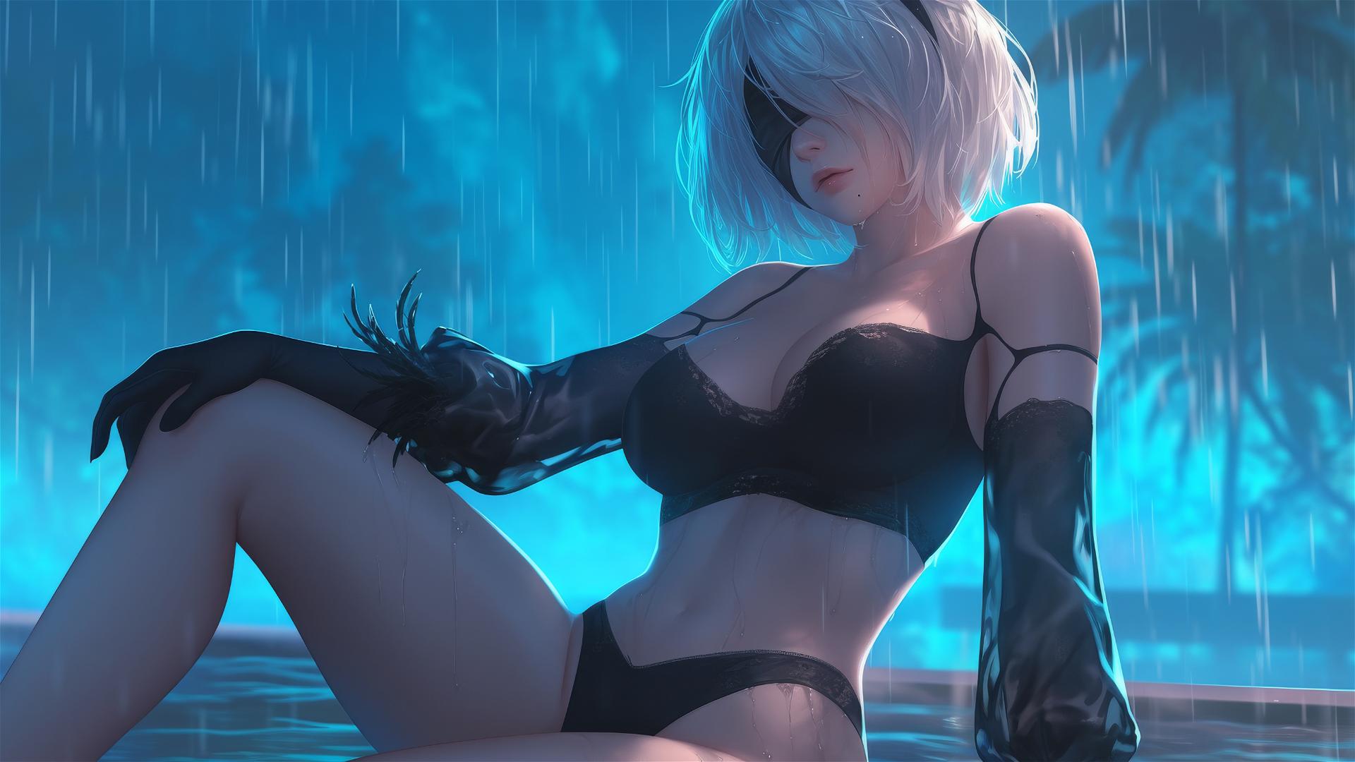 2B from Nier resting by a rainy swimming pool in moonlight, short hair
