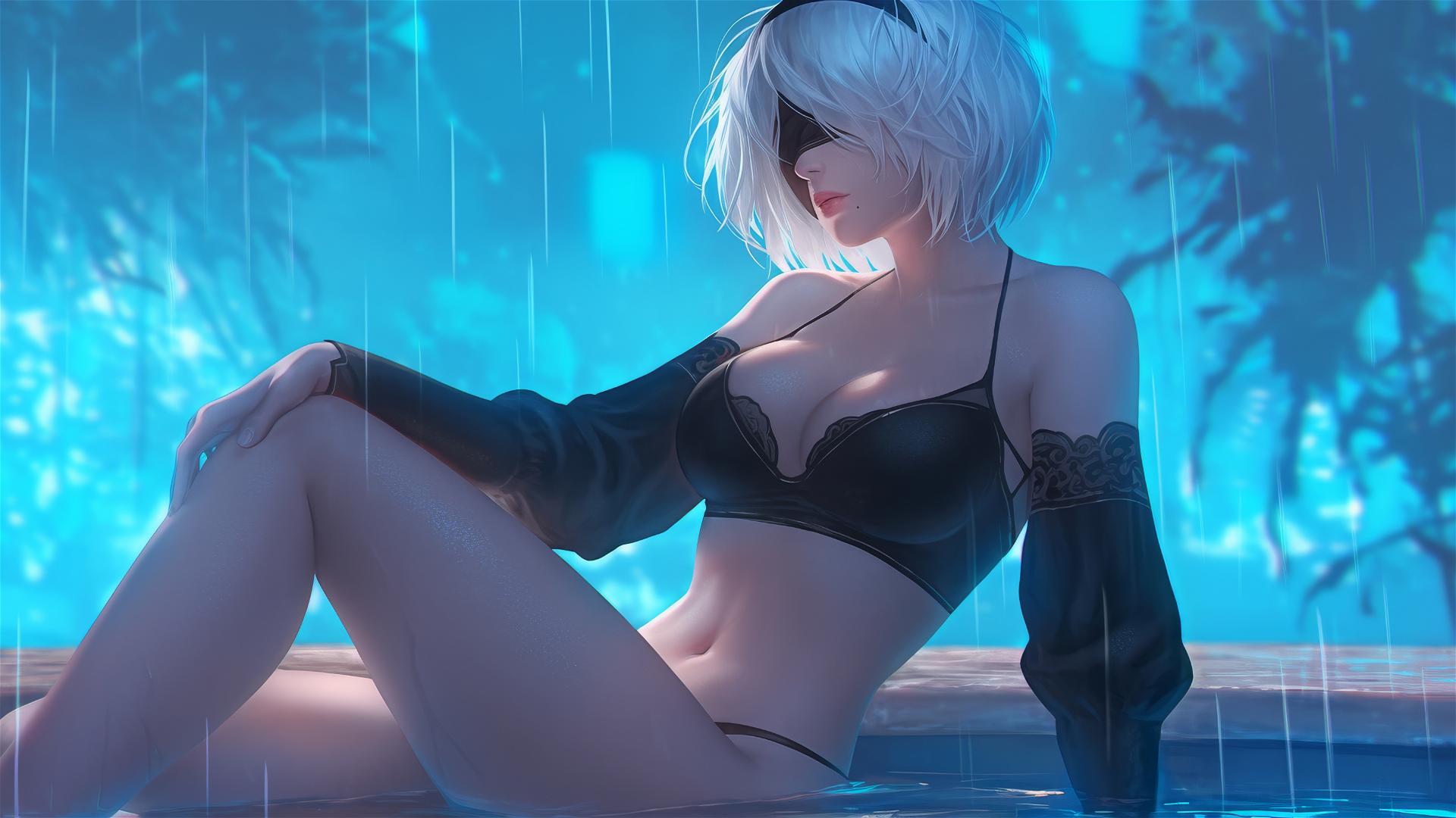 2B from Nier rests by a rainy pool under moonlight