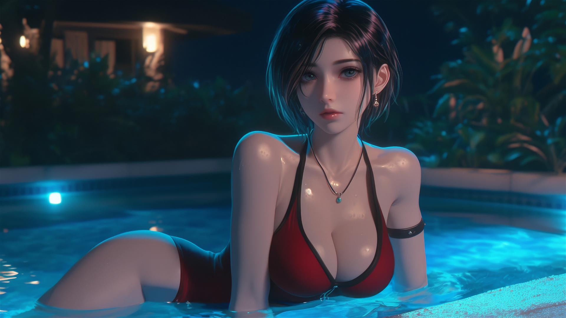 Ada Wong relaxing at a rainy pool with moonlight glow