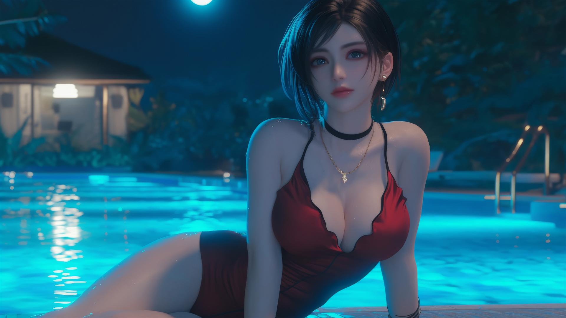 Ada Wong from Resident Evil resting by a rainy pool under moonlight.