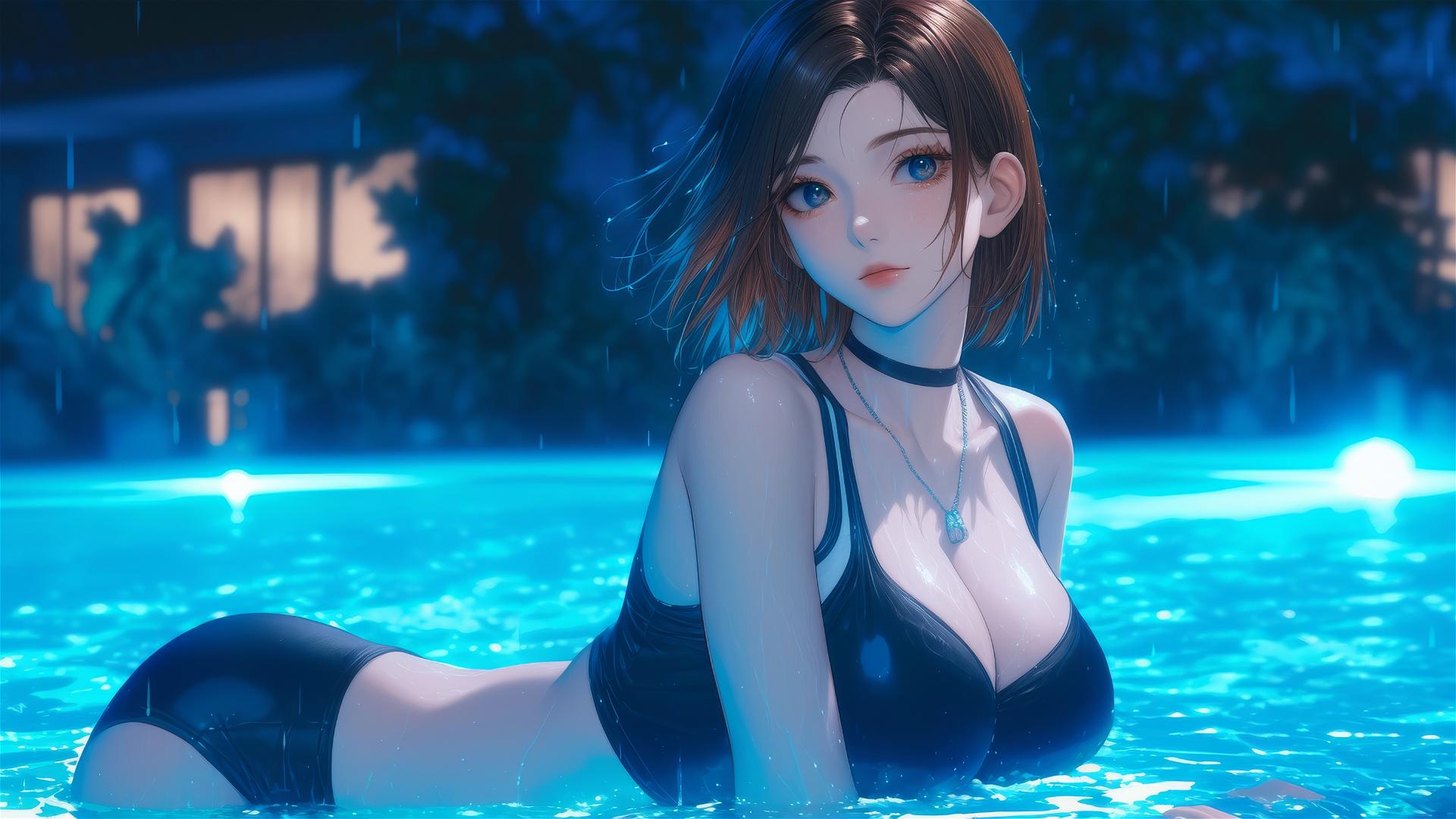 Nobara Kugisaki from Jujutsu Kaisen resting by a rainy swimming pool under moonlight.