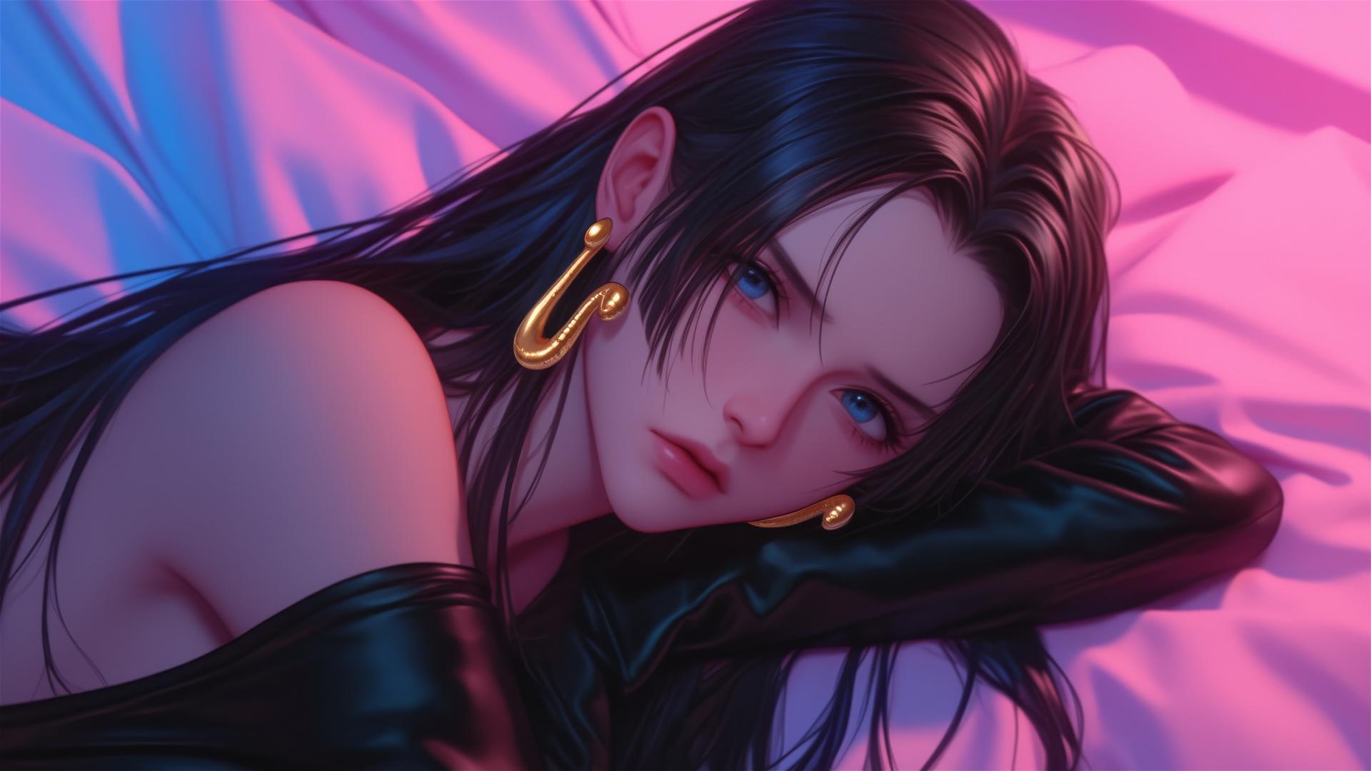 Anime-style hyper-realistic Boa Hancock in neon on pink background