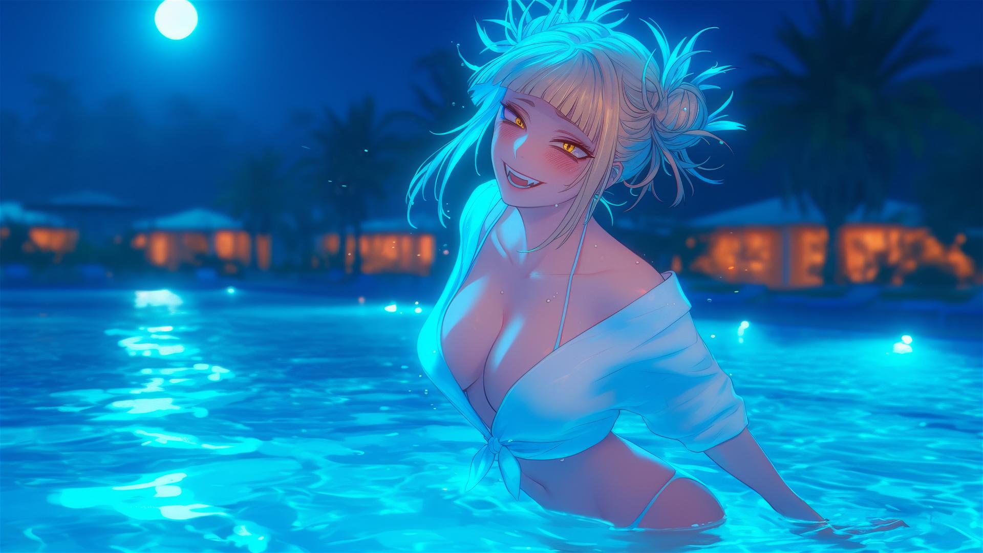 Himiko Toga from My Hero Academia jumping out of a swimming pool under moonlight