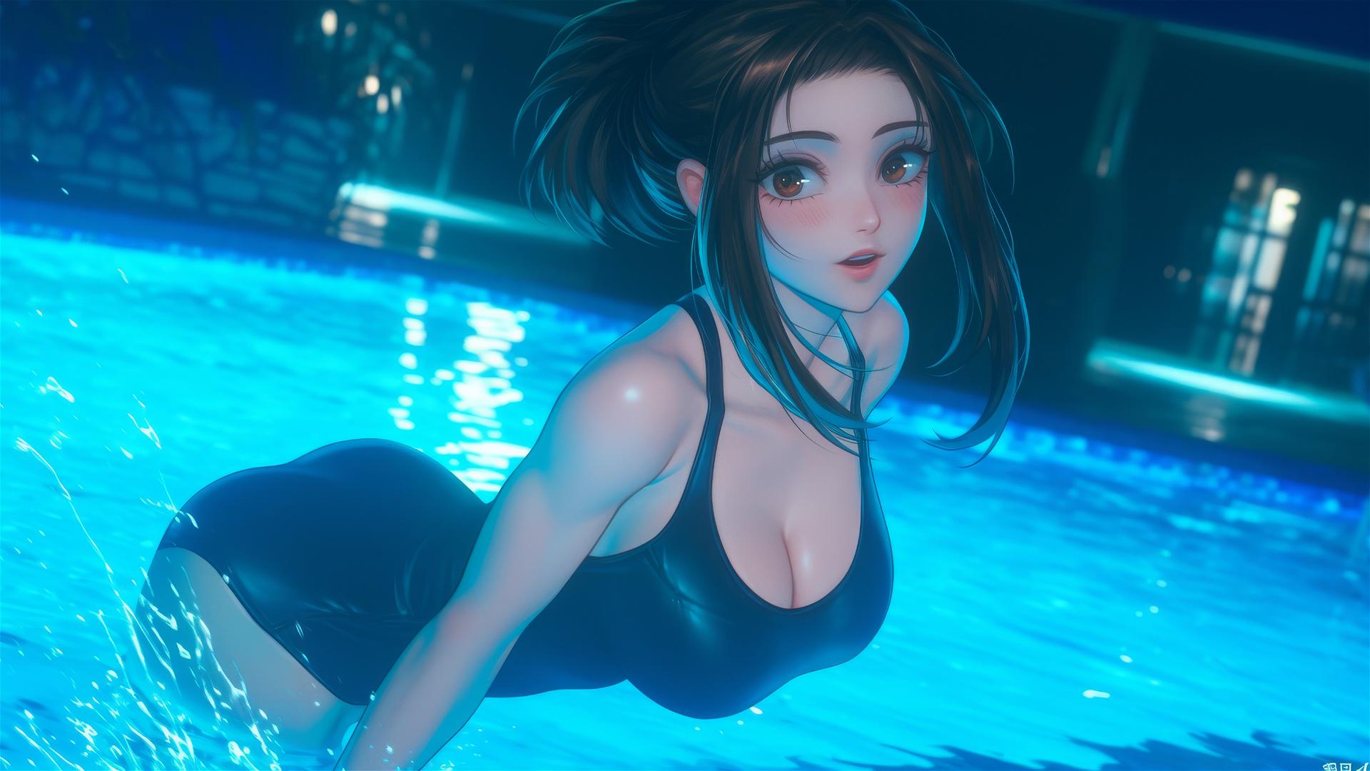 Ochaco Uraraka jumping out of a swimming pool under moonlight with auburn hair and eyes, pink blush marks.