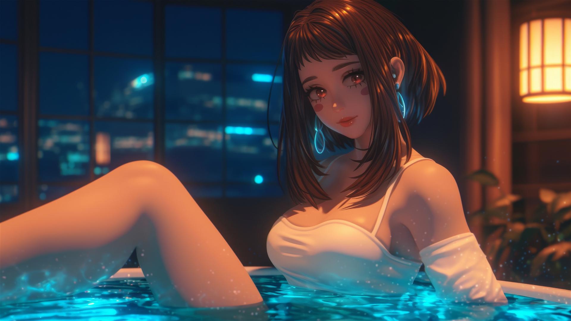 Ochaco Uraraka from My Hero Academia in a tub, with warm light glowing.