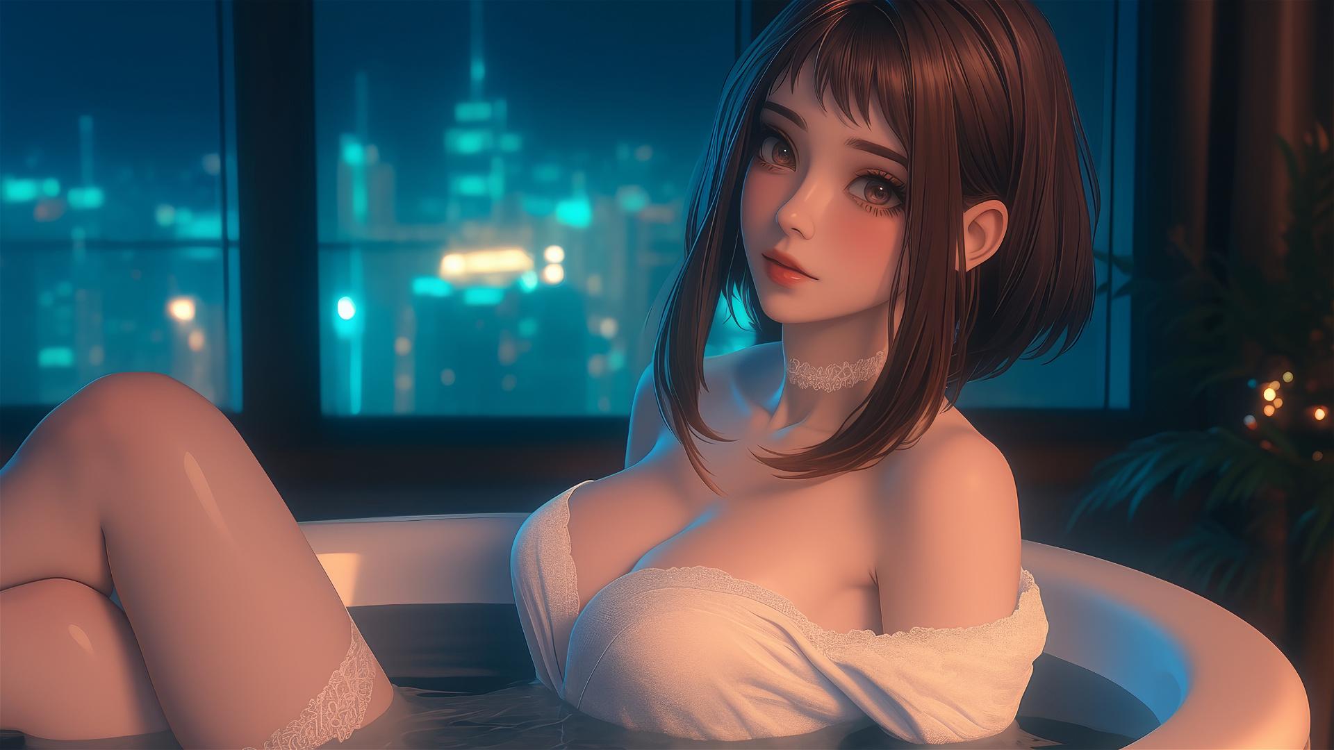 Ochaco Uraraka from My Hero Academia in a bathtub with soft glow lighting.
