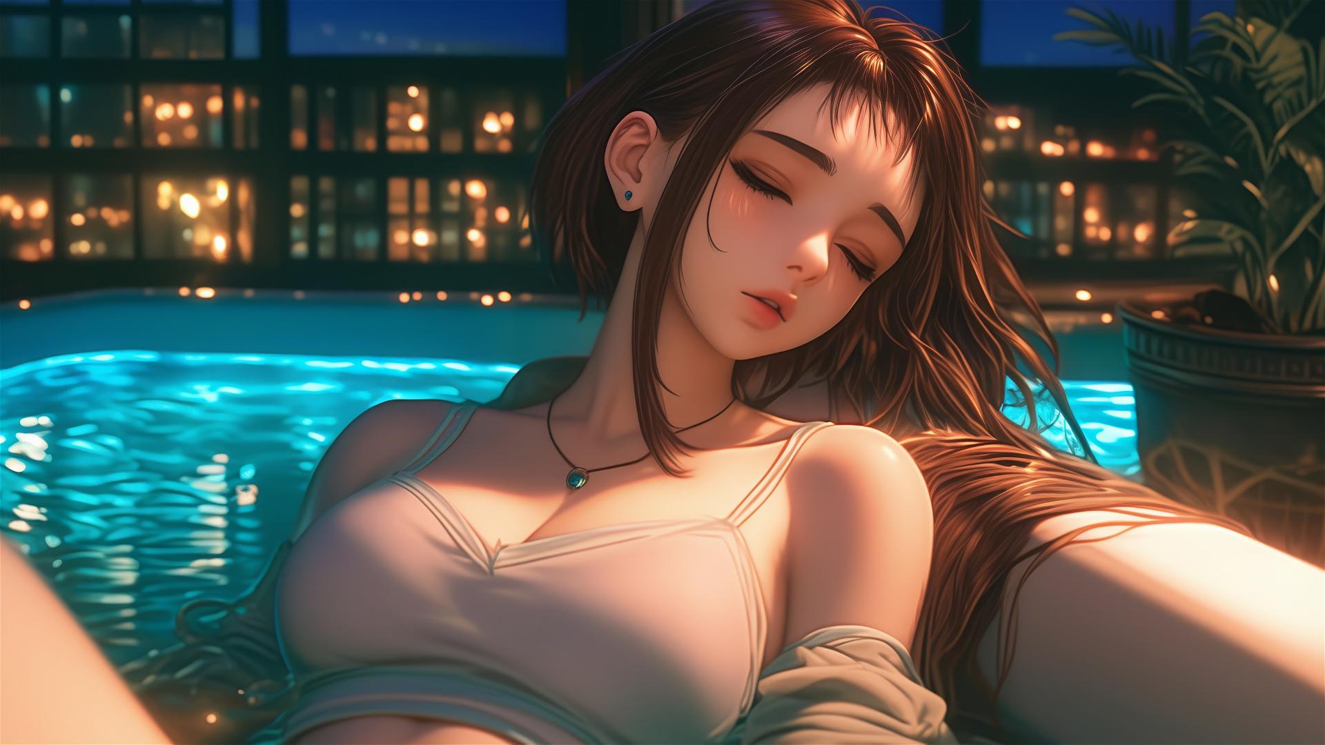 Ochaco Uraraka relaxing in a bathtub with warm light, auburn hair and eyes, pink blush marks, bobbed hairstyle with bangs and framing strands