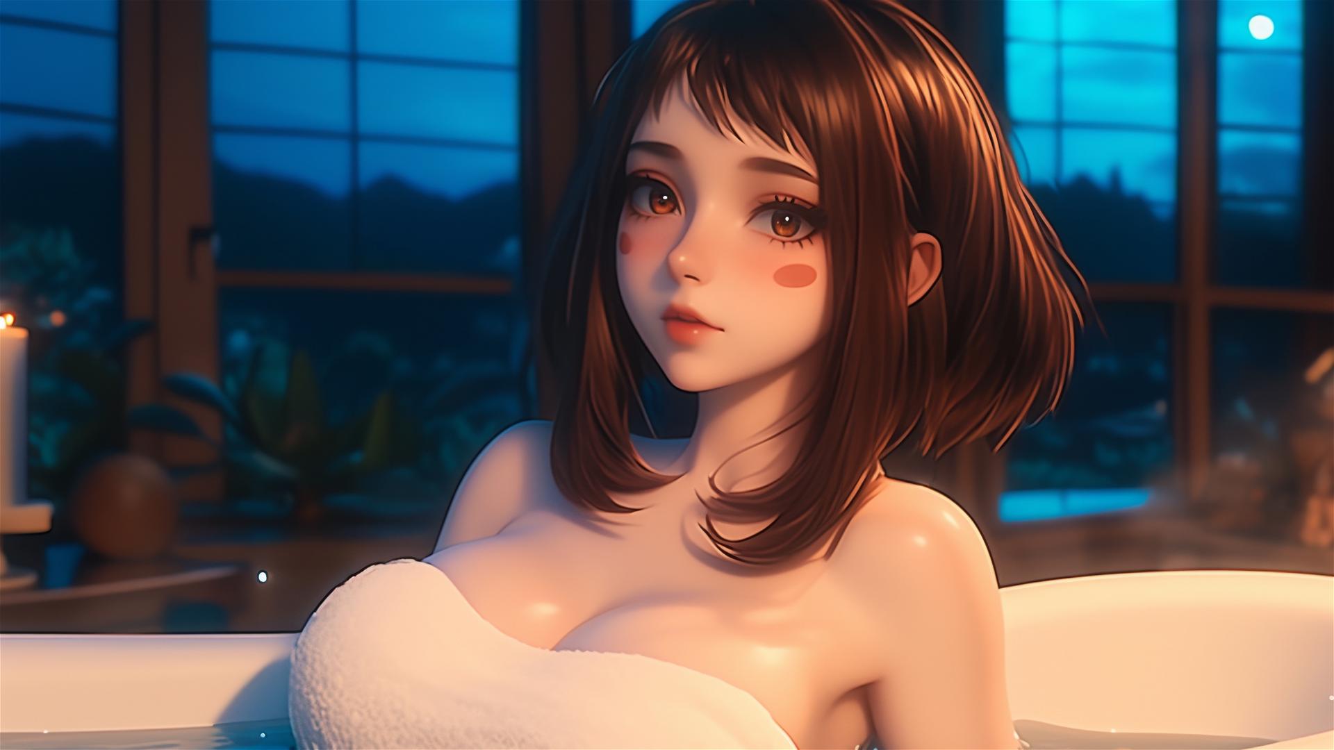 Ochaco Uraraka from My Hero Academia relaxing in a bathtub with warm light.