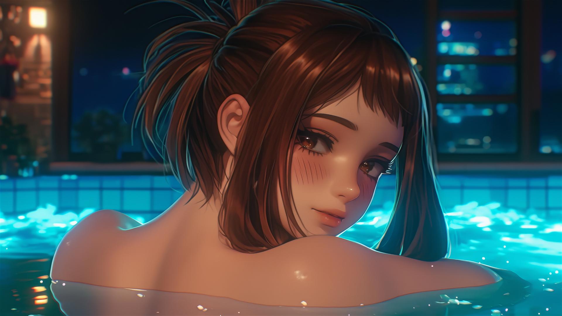 Ochaco Uraraka resting in a tub with warm light glowing softly