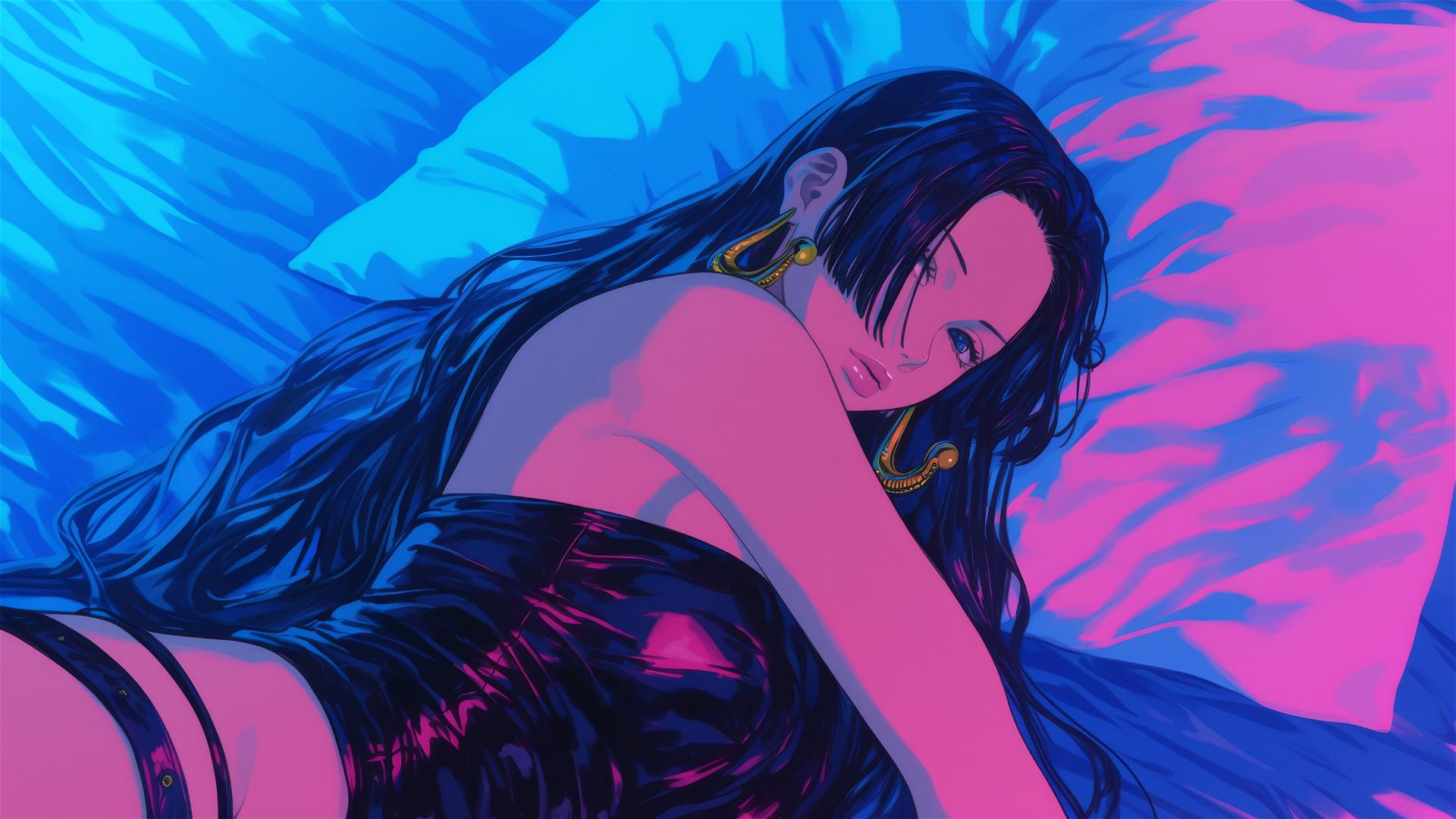 Boa Hancock from One Piece in bed with neon pink and black leather attire