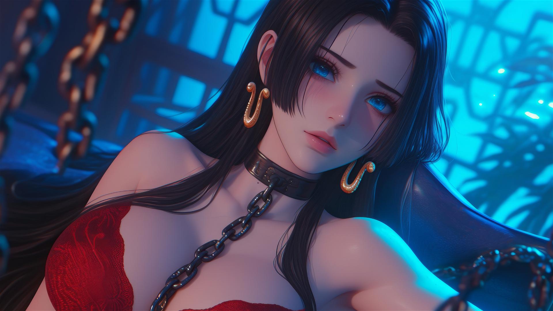 Boa Hancock in red, chained, in a modern hotel room under moonlight