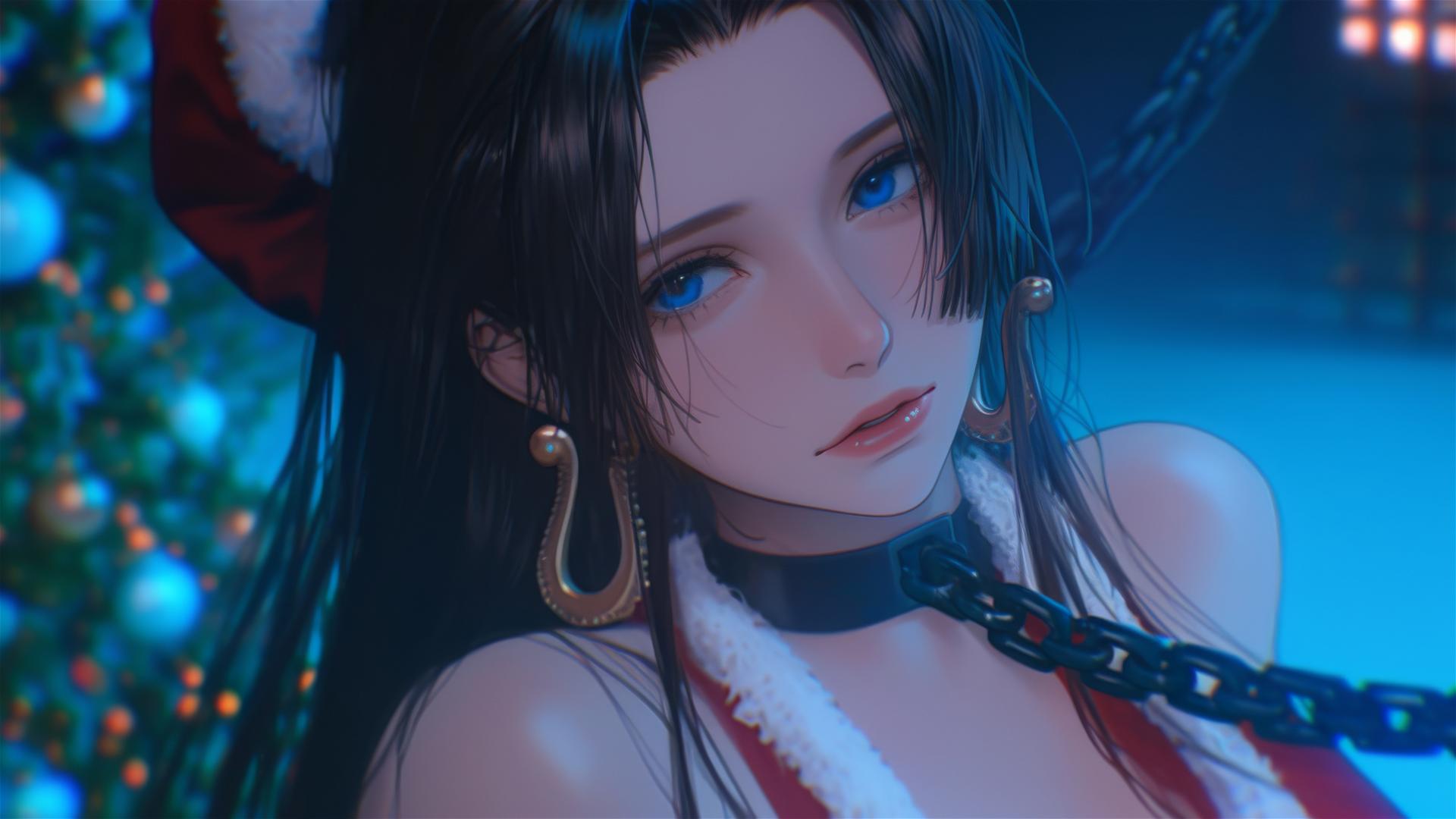 Boa Hancock in a Christmas costume, chained, in a neon-lit hotel room.