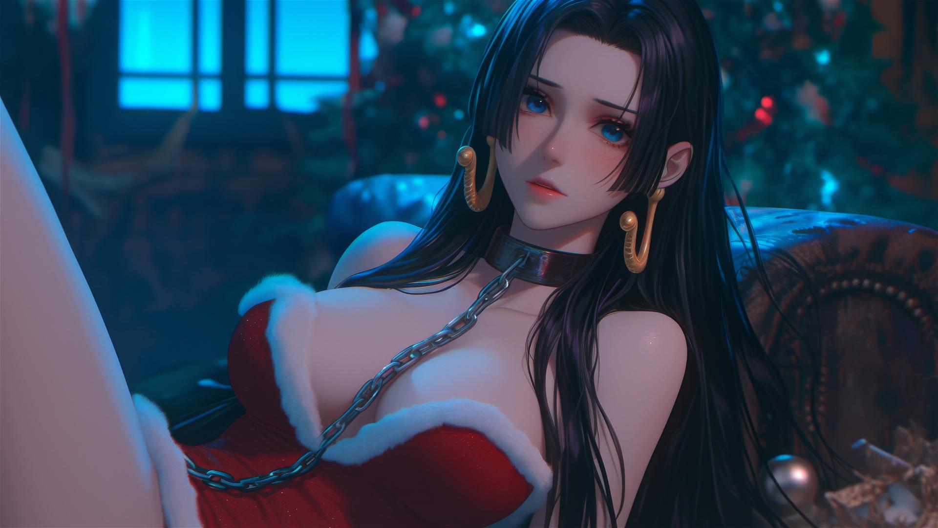 Boa Hancock in Christmas attire, chained in a modern hotel room with warm neon light.