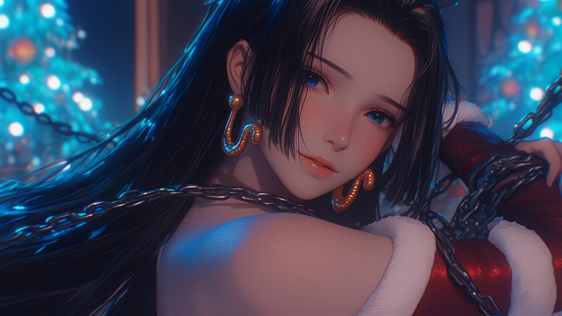Boa Hancock in Christmas costume chained in a hotel room with neon glow