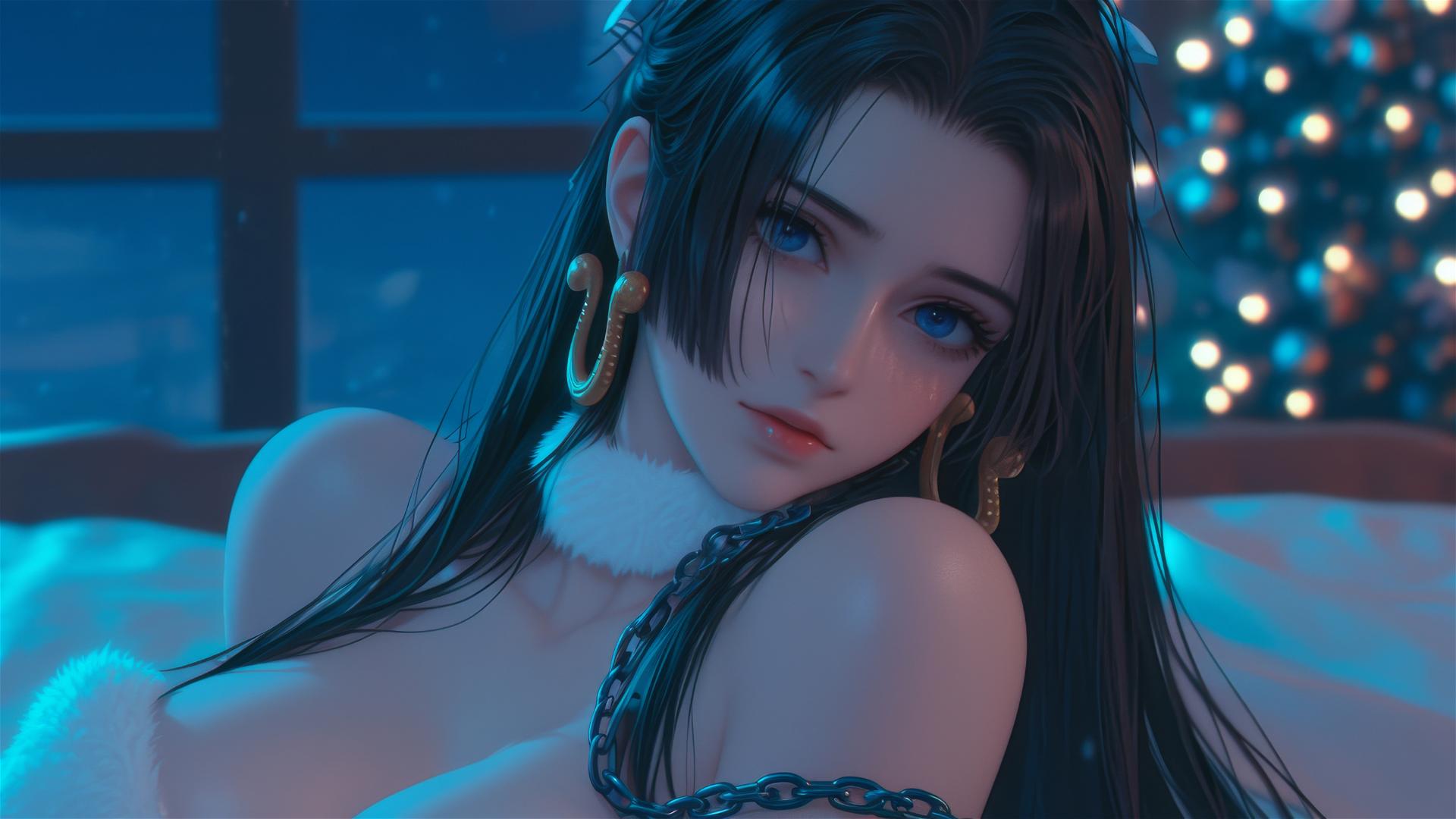 Boa Hancock in Christmas costume, chained, in modern hotel room with neon-pink lighting.