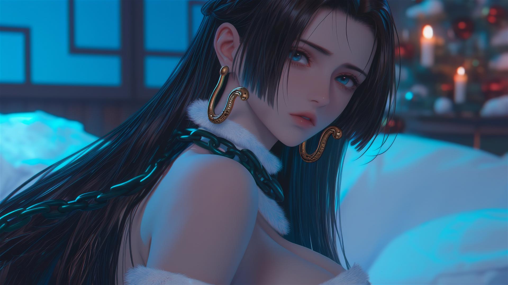 Boa Hancock from One Piece in Christmas costume, chained in modern room with neon light