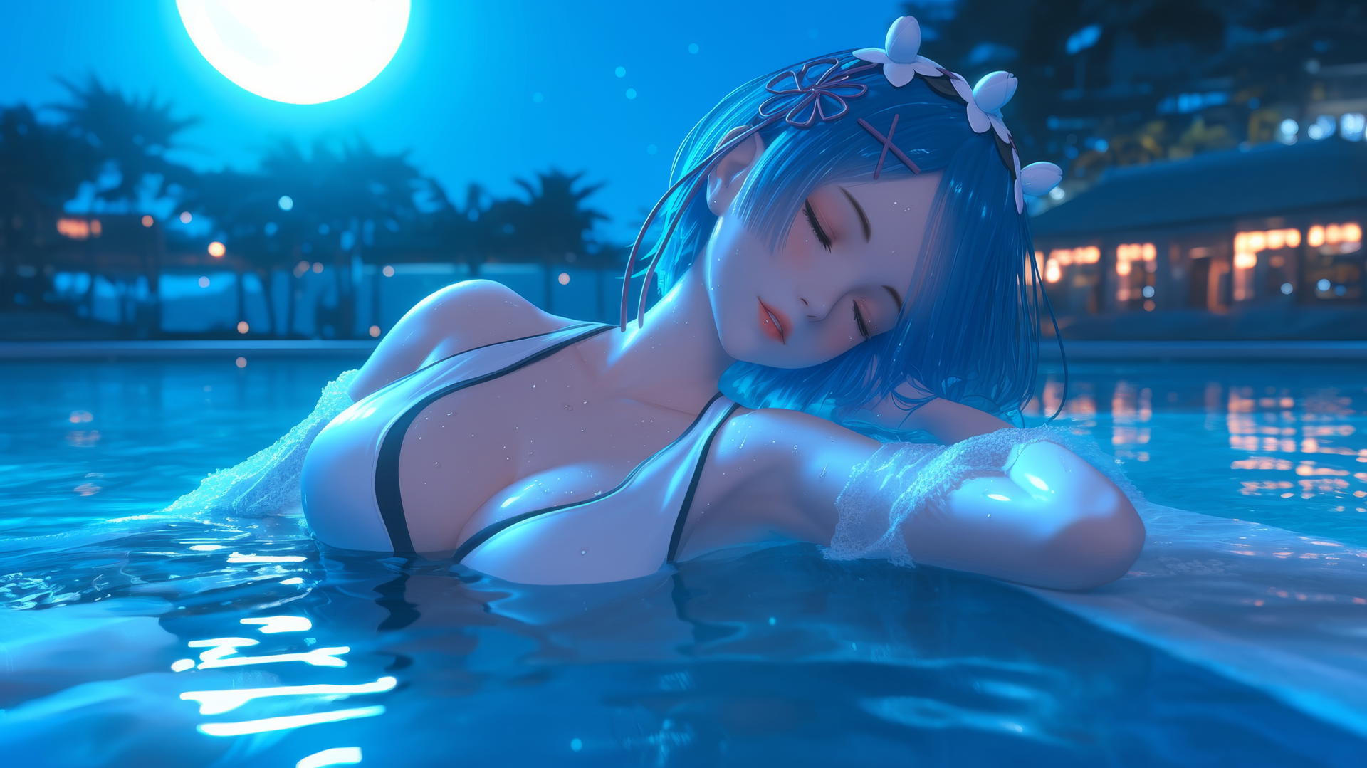 Rem from Re:Zero resting by the pool under moonlight.
