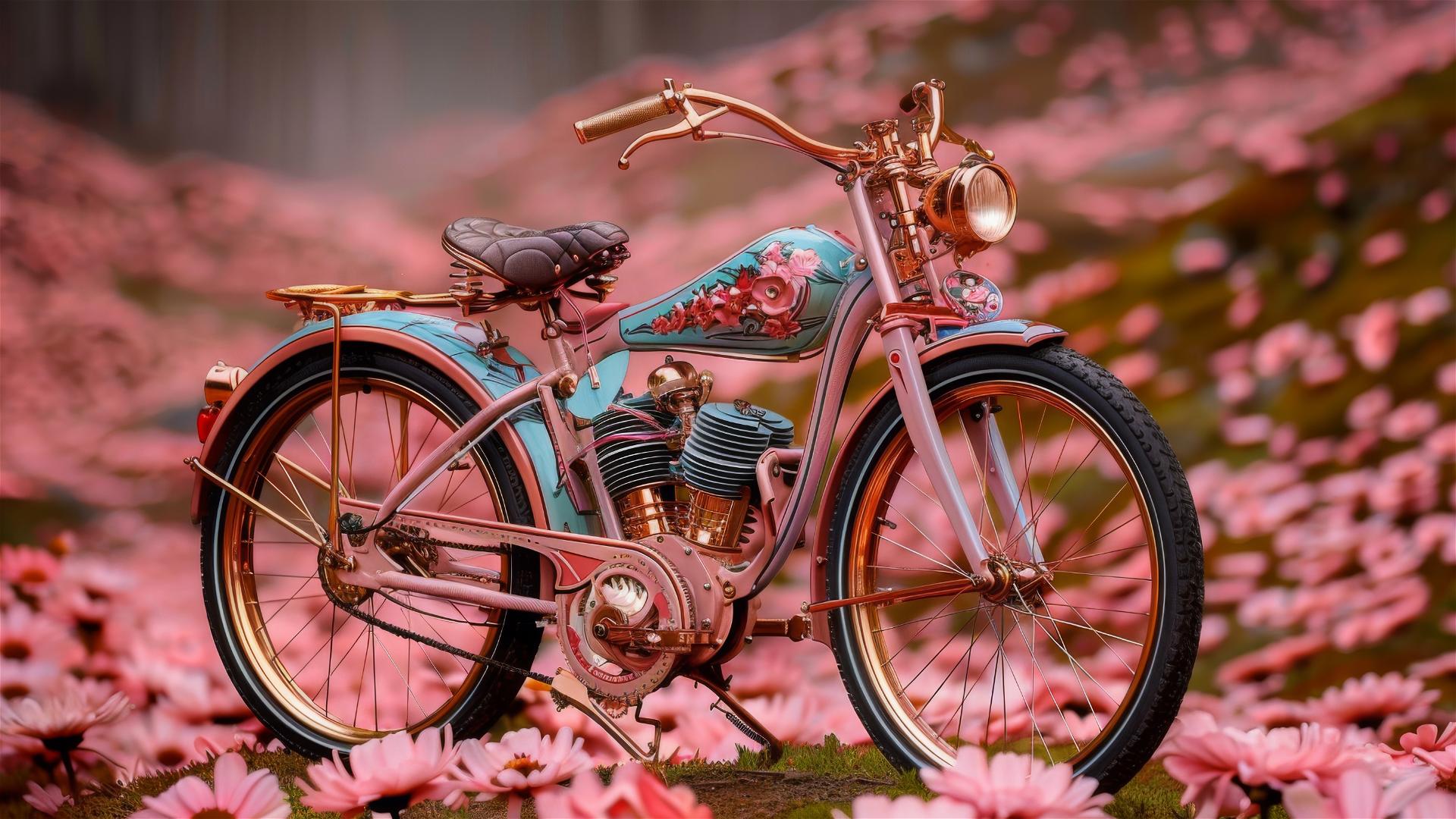 Bicycle among red and pink flowers in a meadow