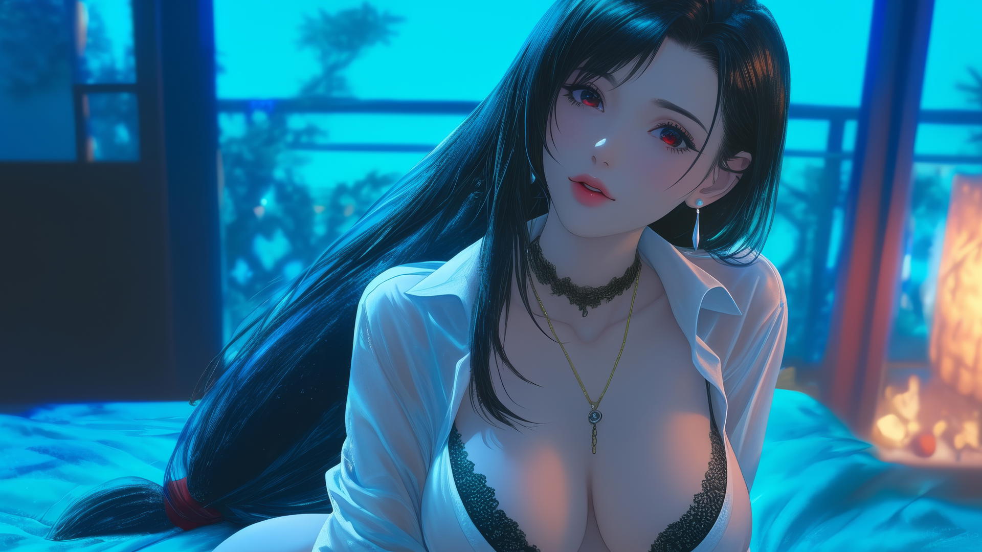Tifa Lockhart kneeling in a neon-lit modern hotel room