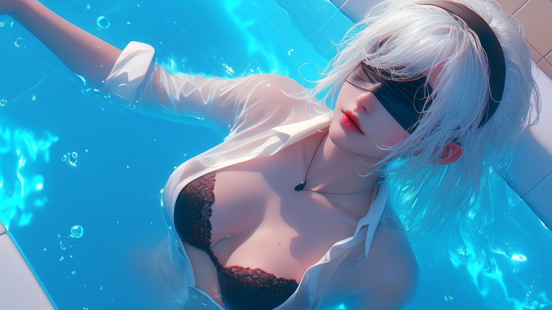 2B from Nier in white shirt with black blindfold, neon-lit modern hotel room