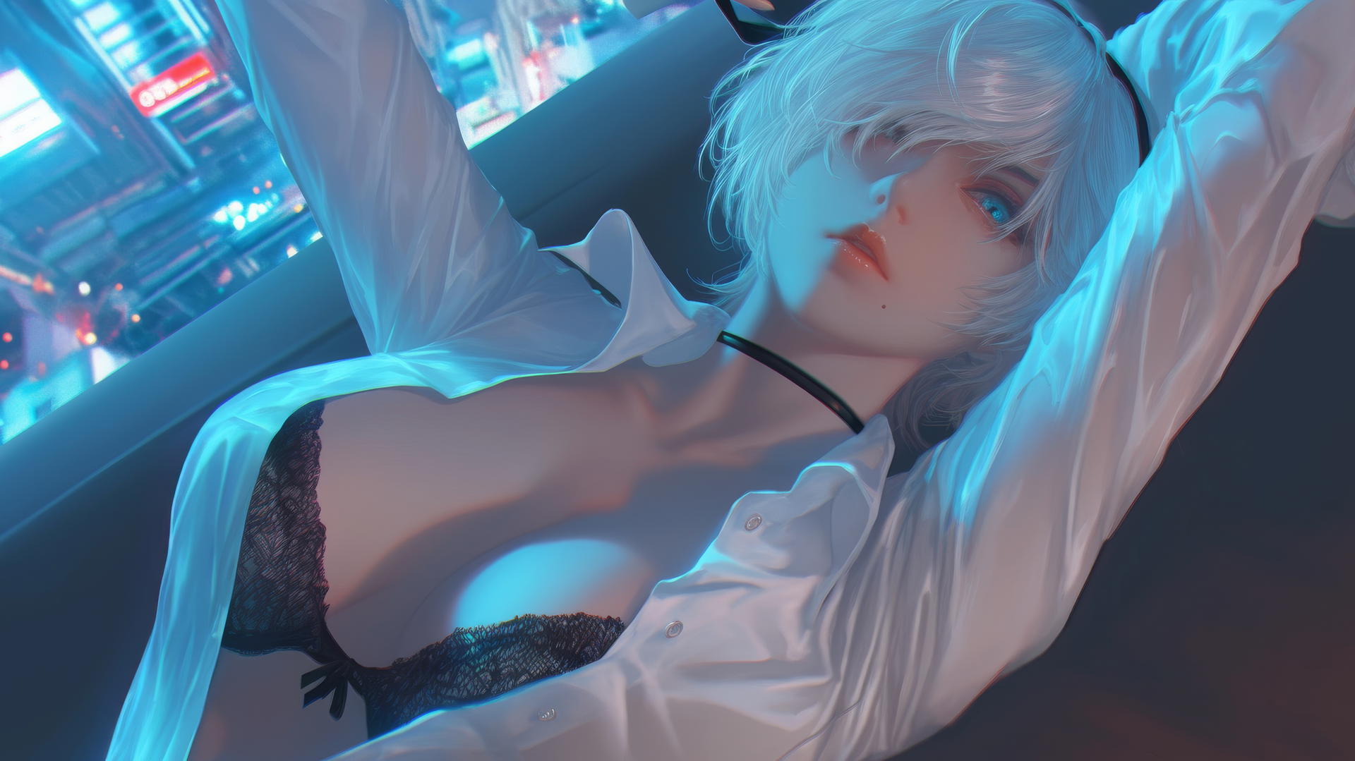 2B from Nier in white shirt with black blindfold, looking up in neon-lit hotel room