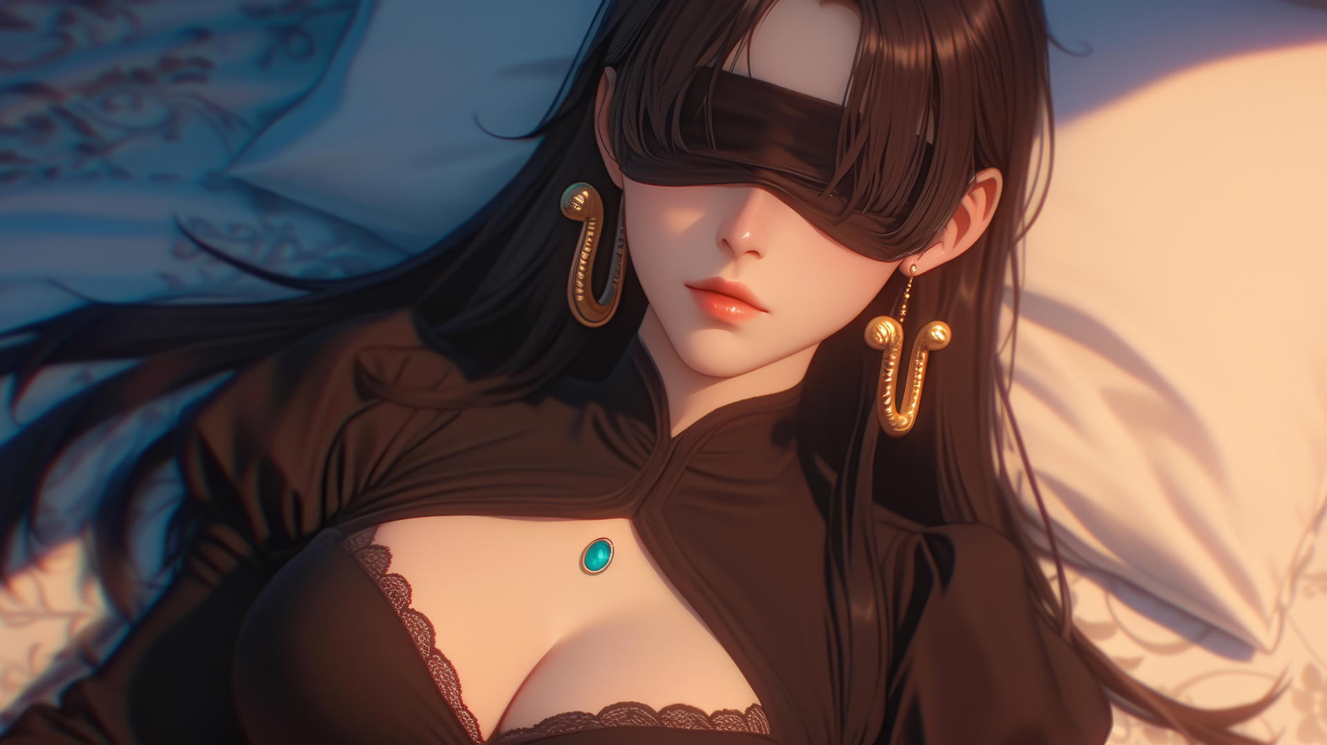 Boa Hancock kneeling blindfolded with neon light in modern hotel room