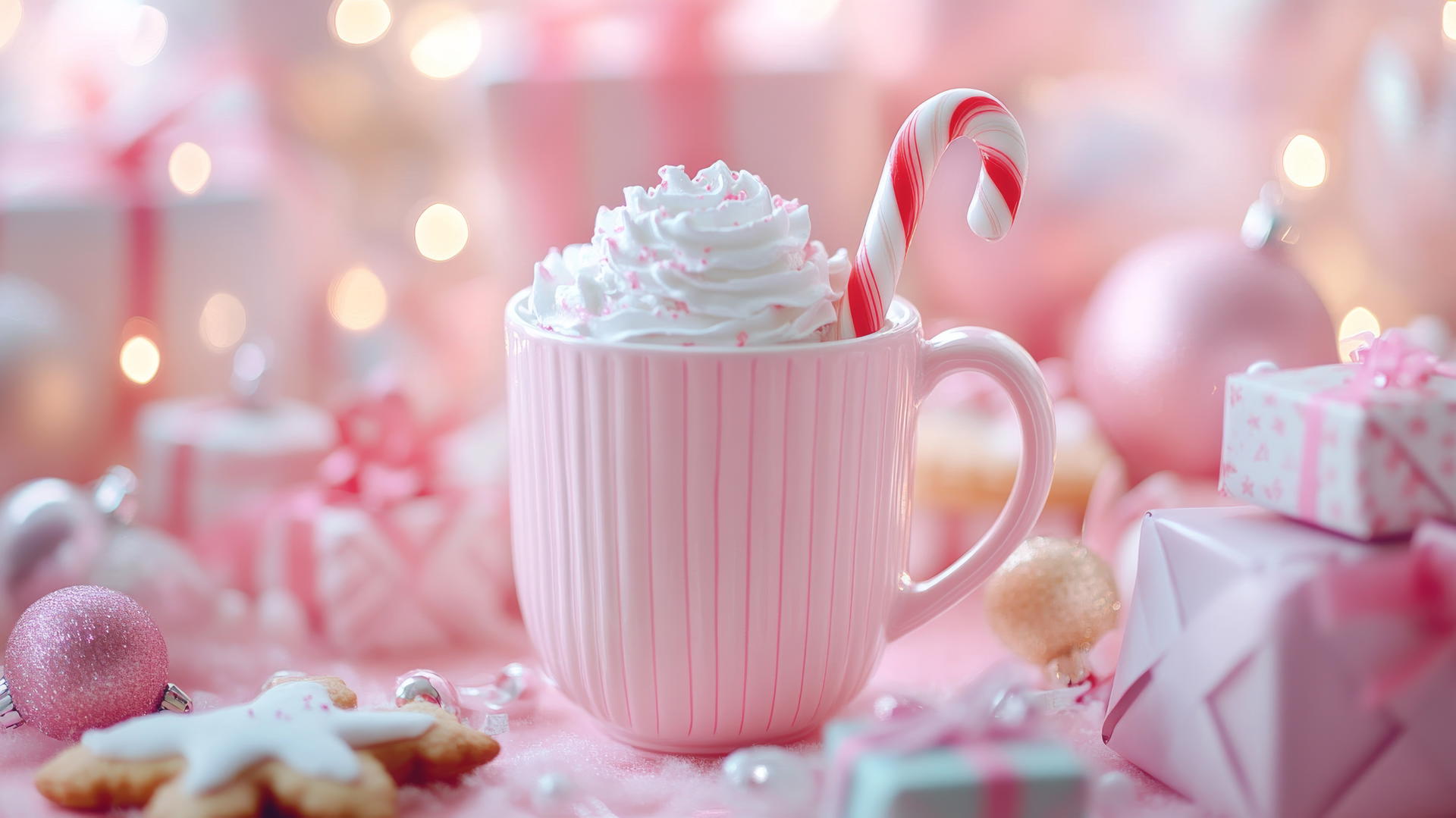 Girly cute Christmas wallpaper with hot chocolate, whipped cream, candy cane, pastel presents, and cookies.