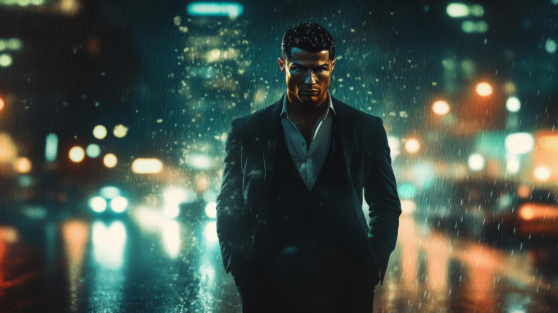 Cool Ronaldo wallpaper with Cristiano Ronaldo in a suit amidst a dark city skyline