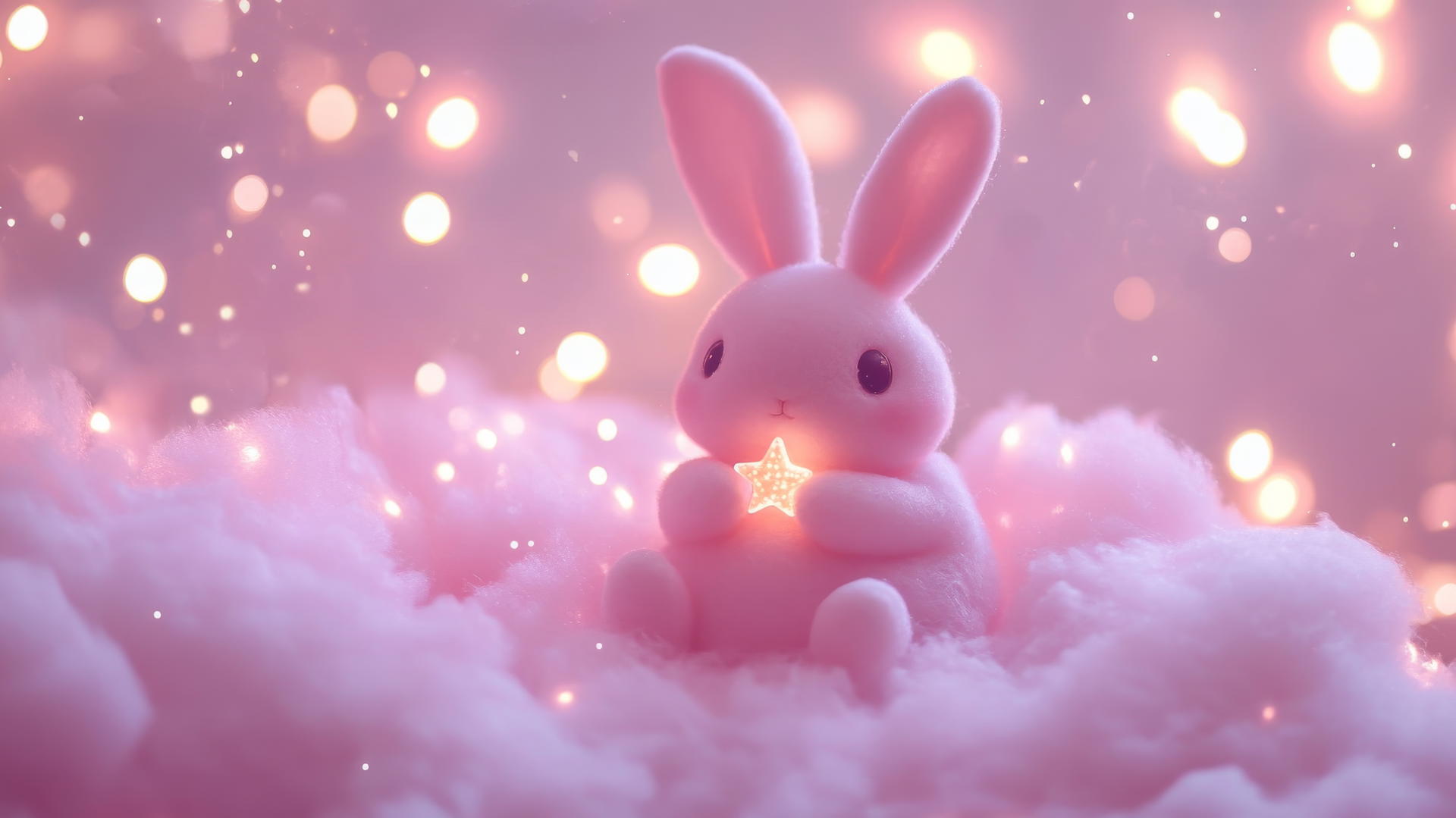 cute pink wallpaper with a kawaii pink bunny holding a tiny star on a fluffy pink cloud with soft sparkles and twinkling lights