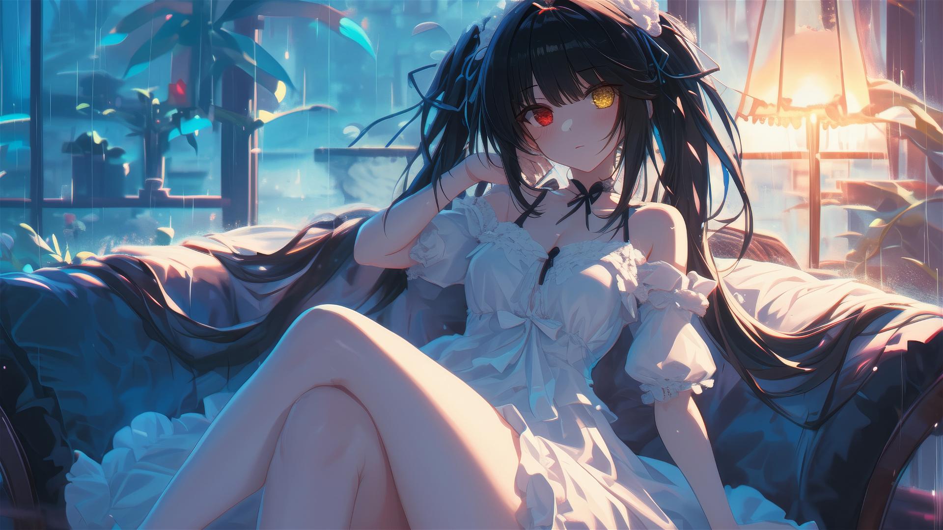Kurumi Tokisaki resting in moonlit apartment, dress in white, rainy mood, red and yellow eyes